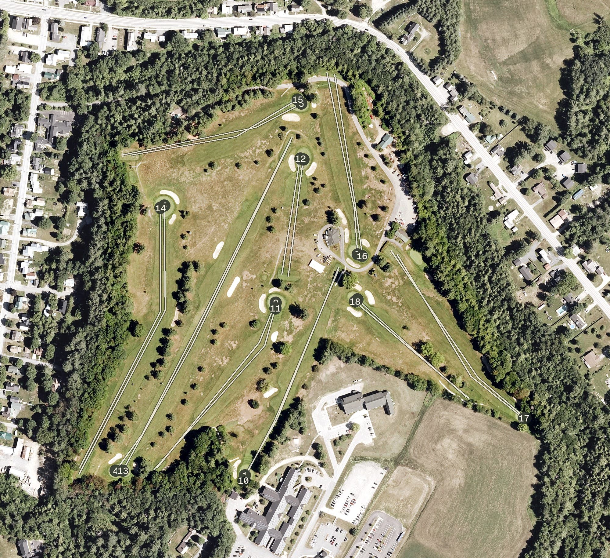 Aerial view of Copley Country Club, VT, with its hole routing marked