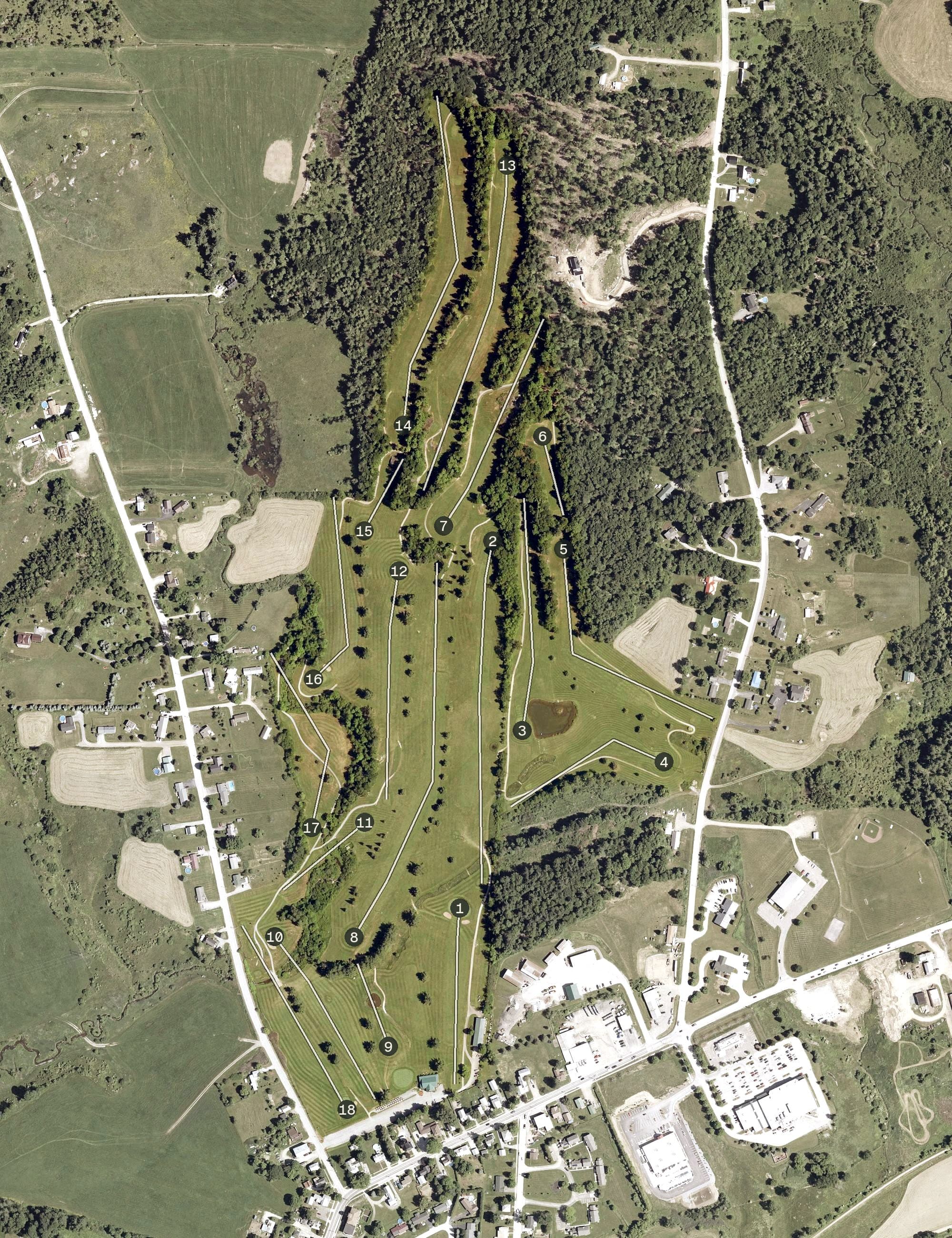 Aerial view of Enosburg Falls Country Club, VT, with its hole routing marked