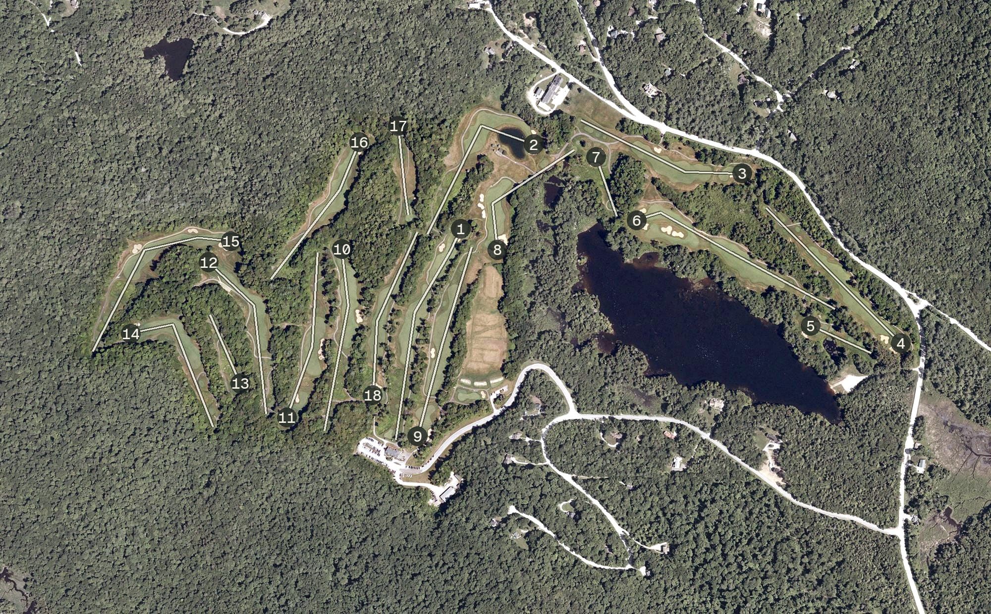 Aerial view of Green Mountain National Golf Course, VT, with its hole routing marked