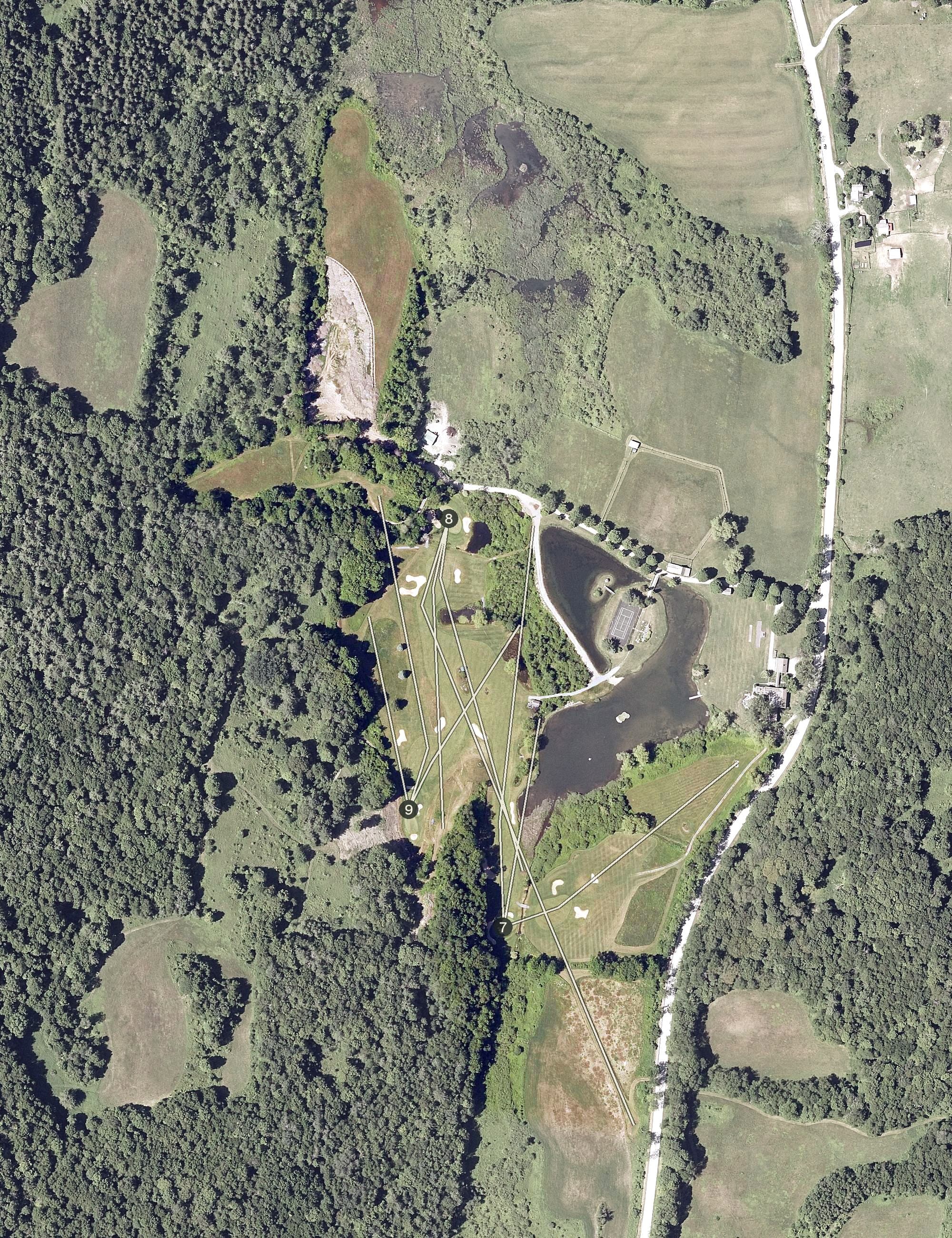 Aerial view of Honey Pond Farm Golf Course, VT, with its hole routing marked