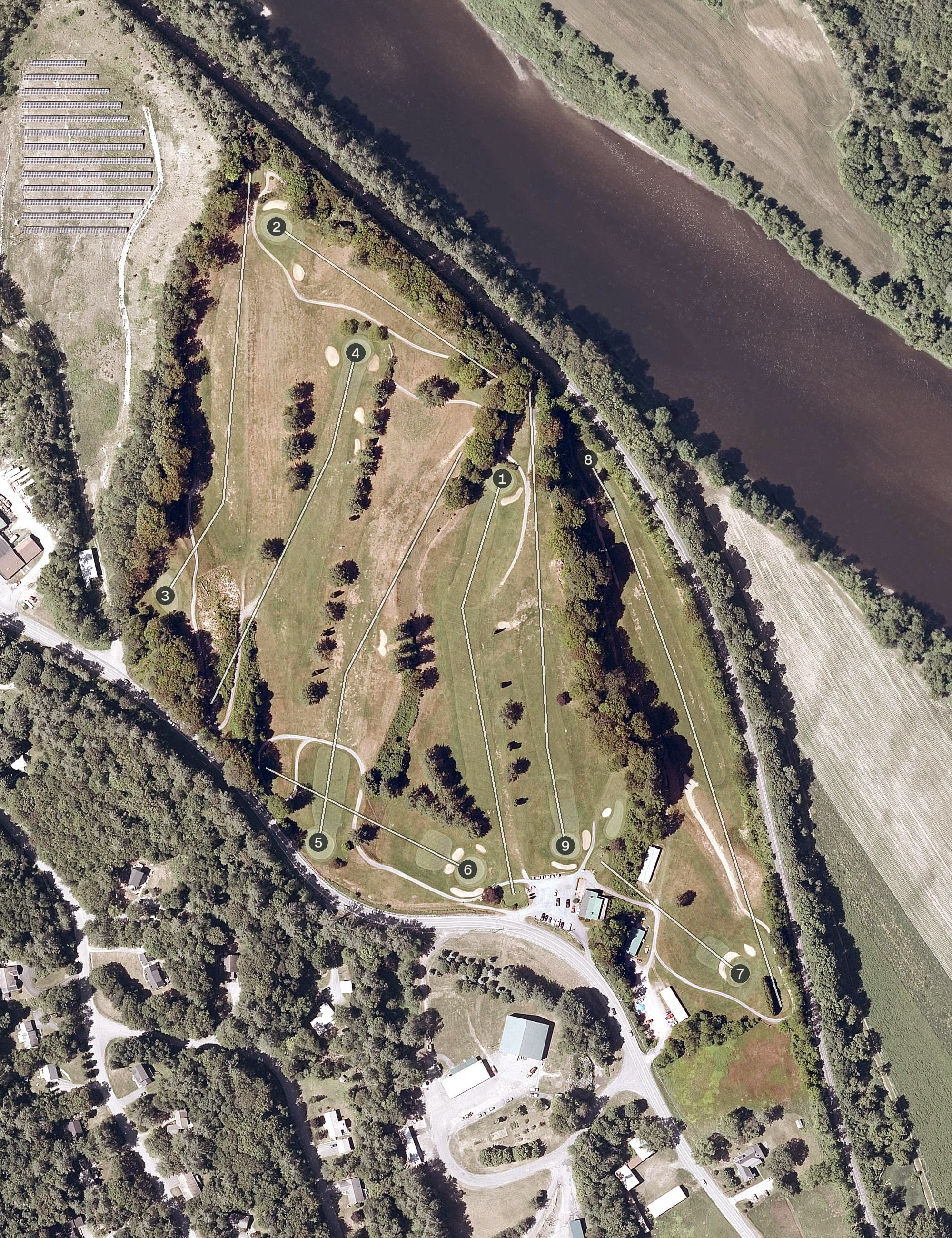 Aerial view of John P. Larkin Country Club, VT, with its hole routing marked