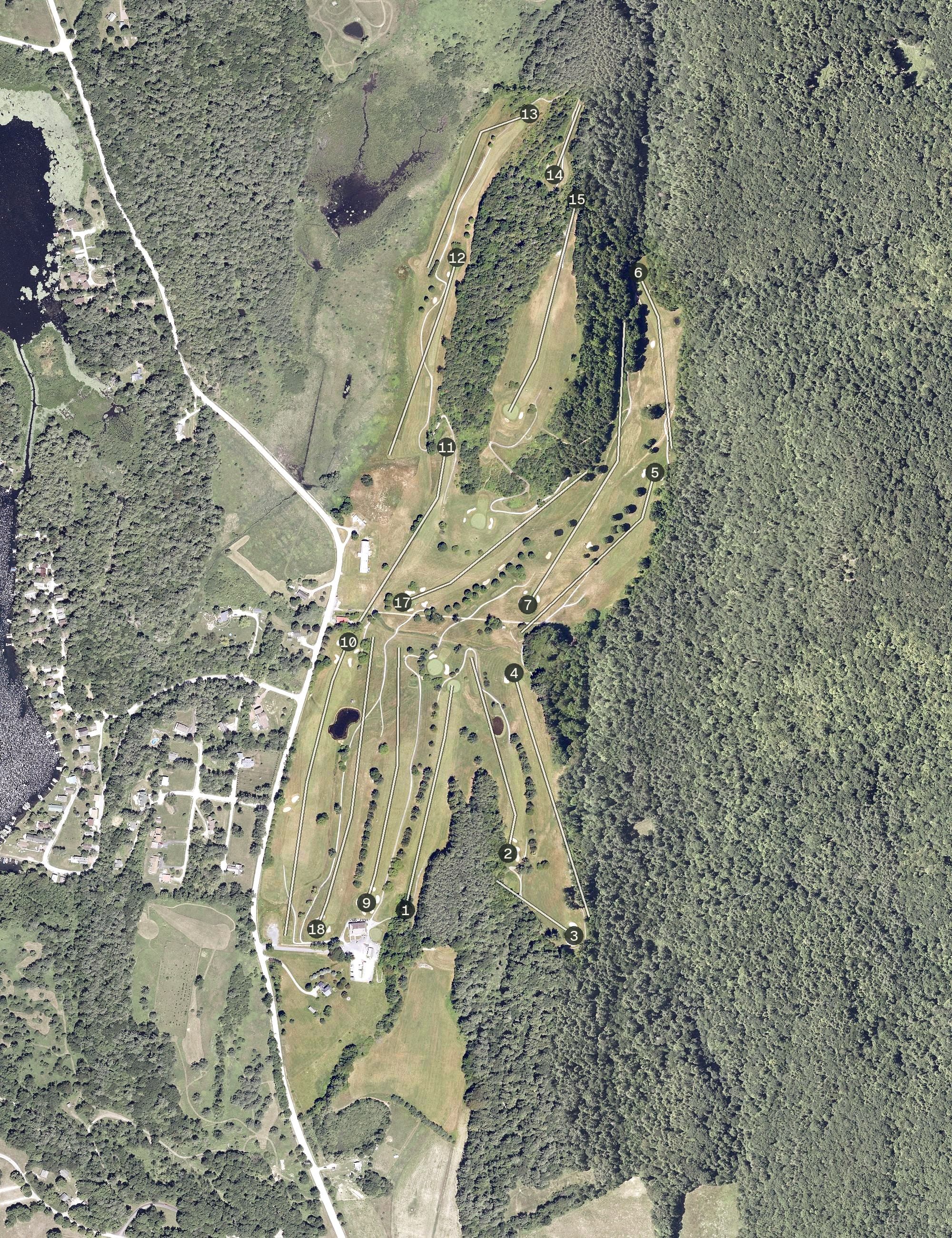 Aerial view of Lake St Catherine Country Club, VT, with its hole routing marked