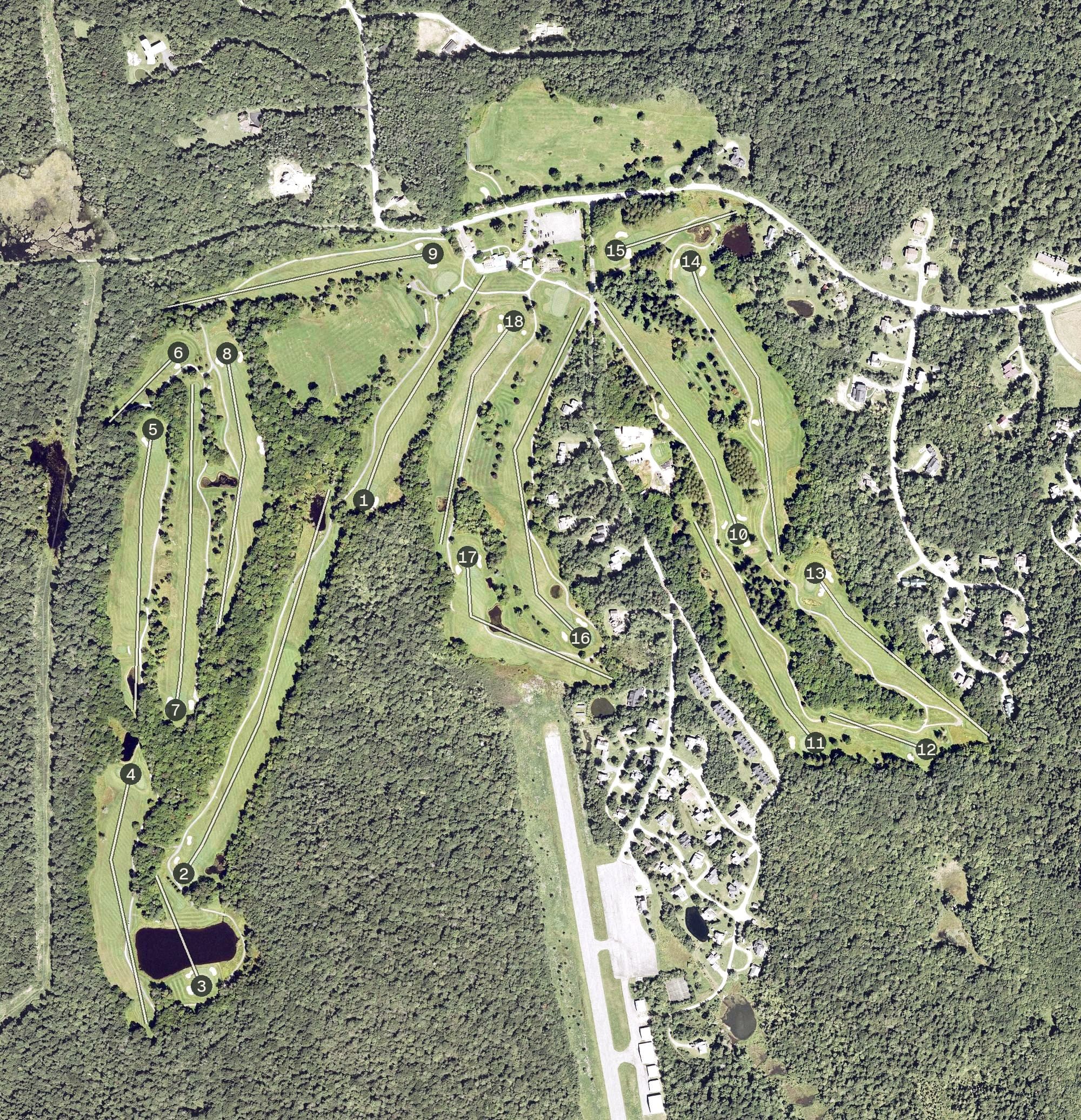 Aerial view of Mount Snow Golf Club, VT, with its hole routing marked