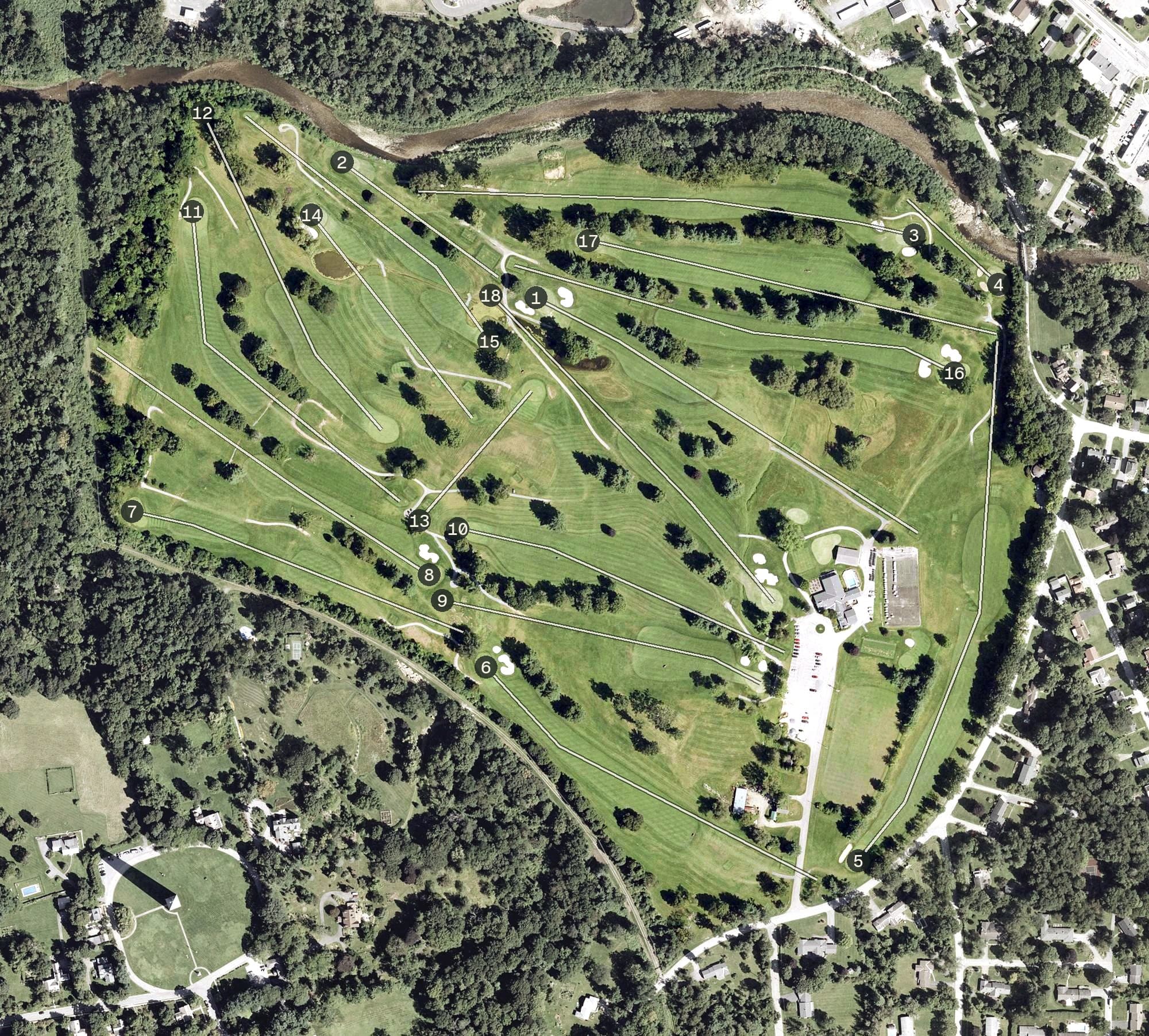 Aerial view of Mt Anthony Country Club, VT, with its hole routing marked