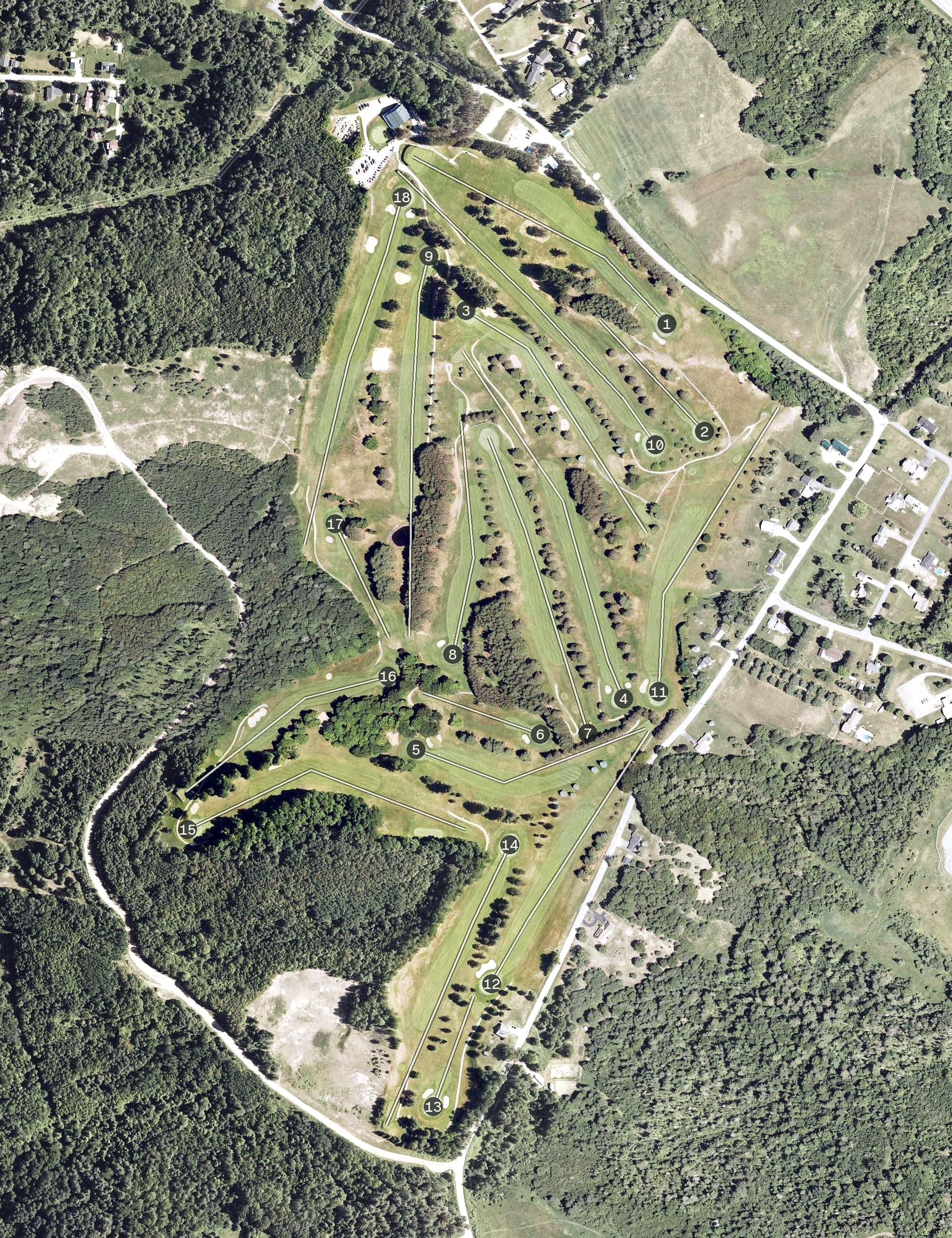 Aerial view of Newport Country Club, VT, with its hole routing marked