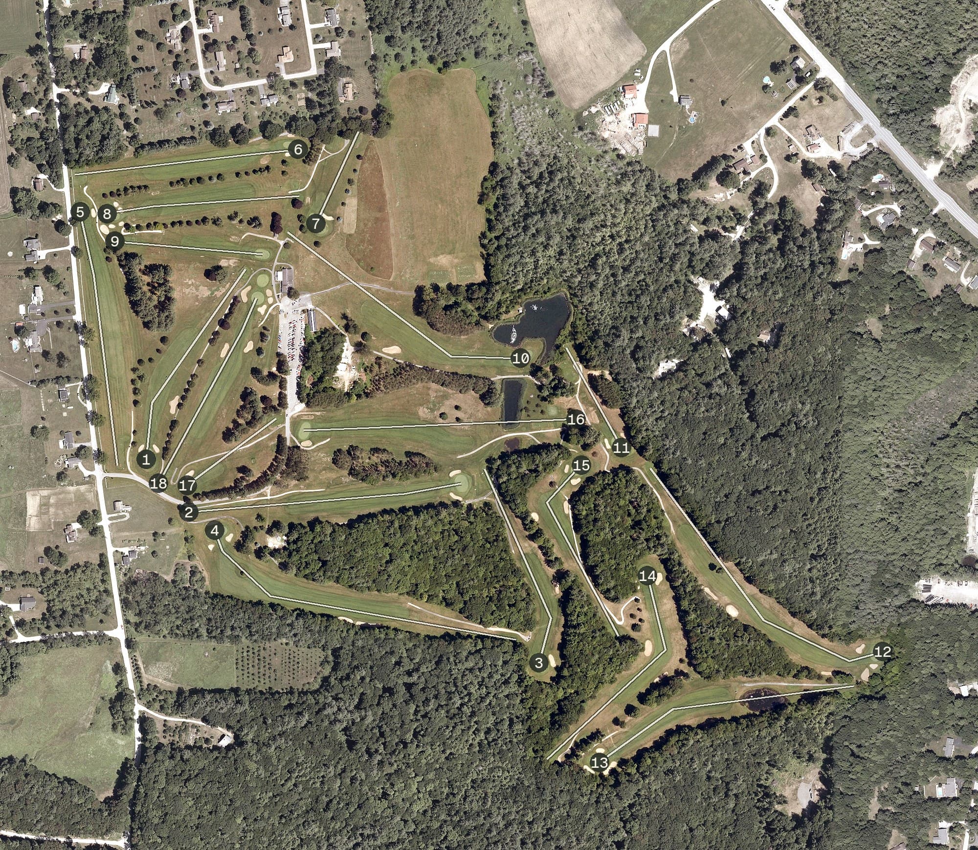 Aerial view of Proctor Pittsford Country Club, VT, with its hole routing marked