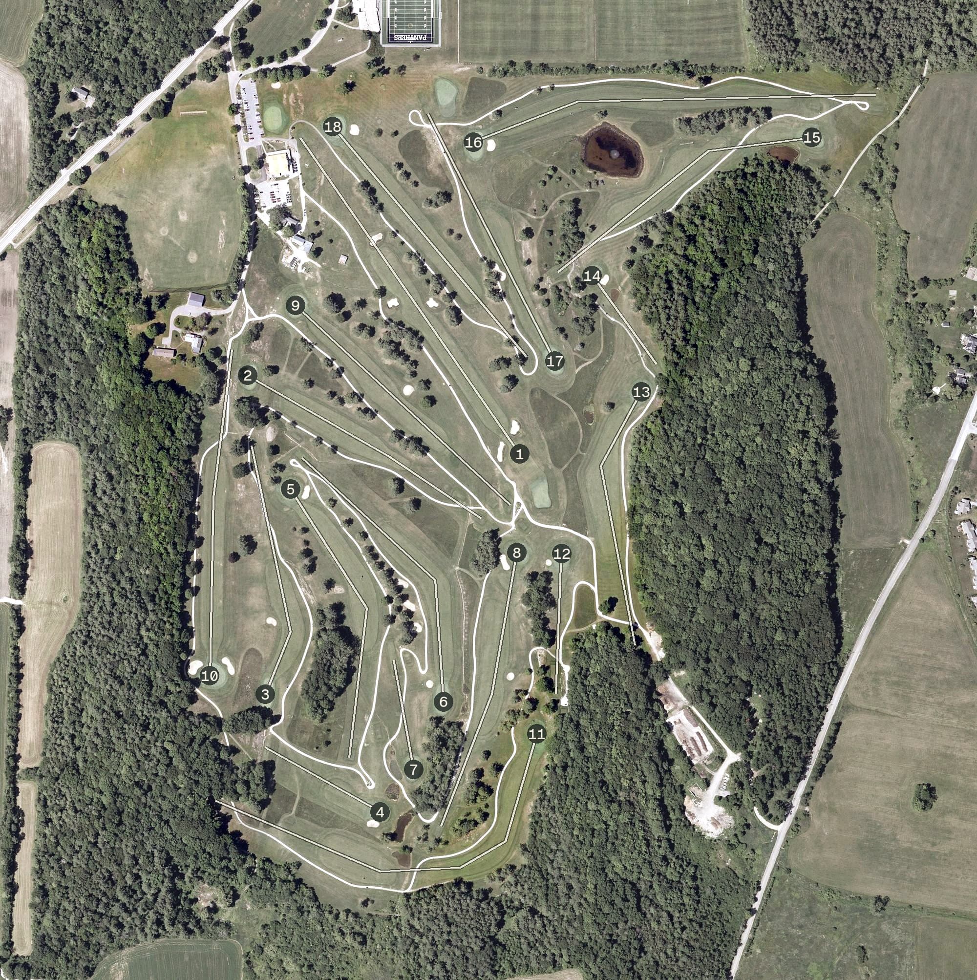 Aerial view of Ralph Myhre Golf Course, VT, with its hole routing marked