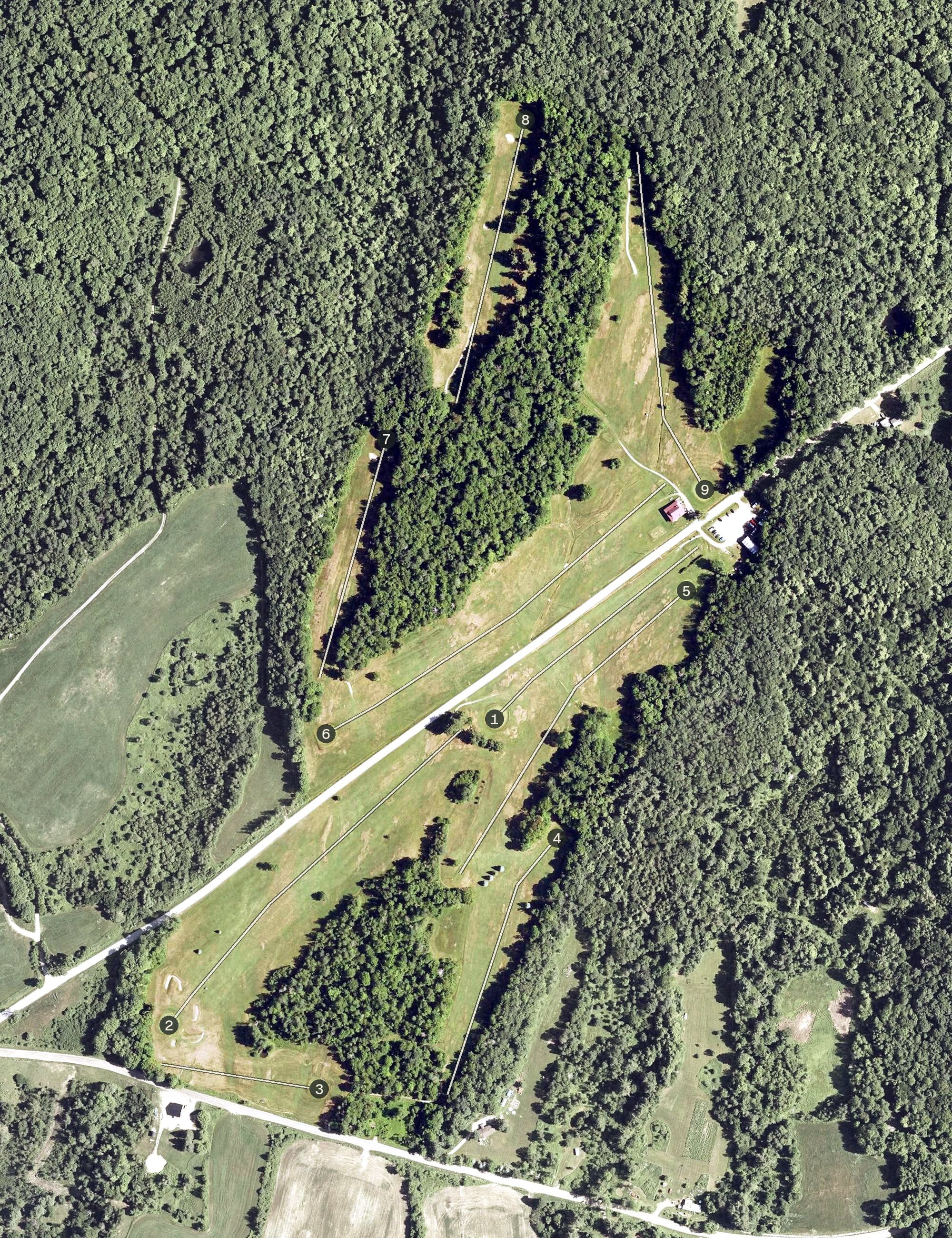 Aerial view of Richford Country Club, VT, with its hole routing marked
