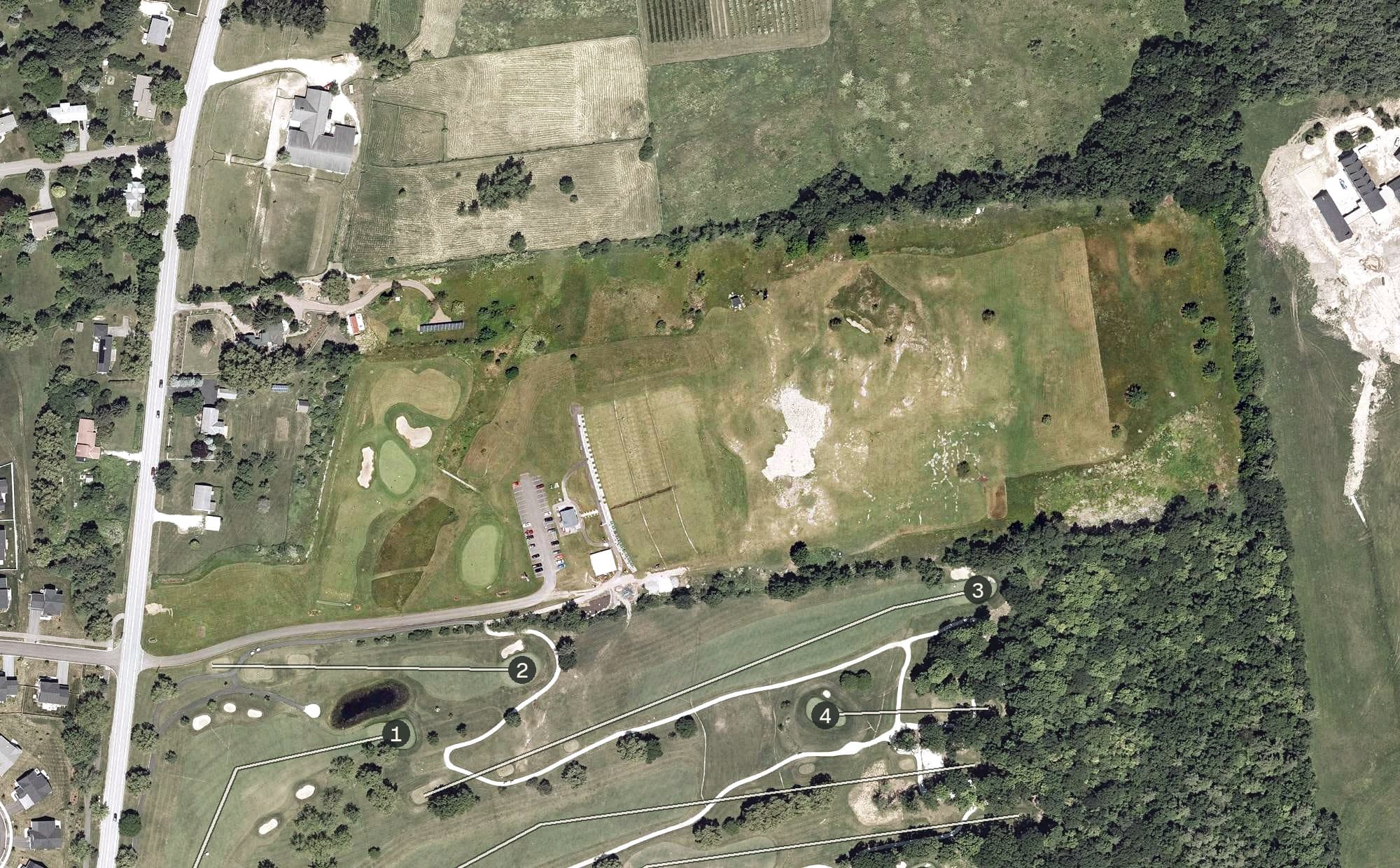 Aerial view of The Kwini Club Practice Facility, VT, with its hole routing marked
