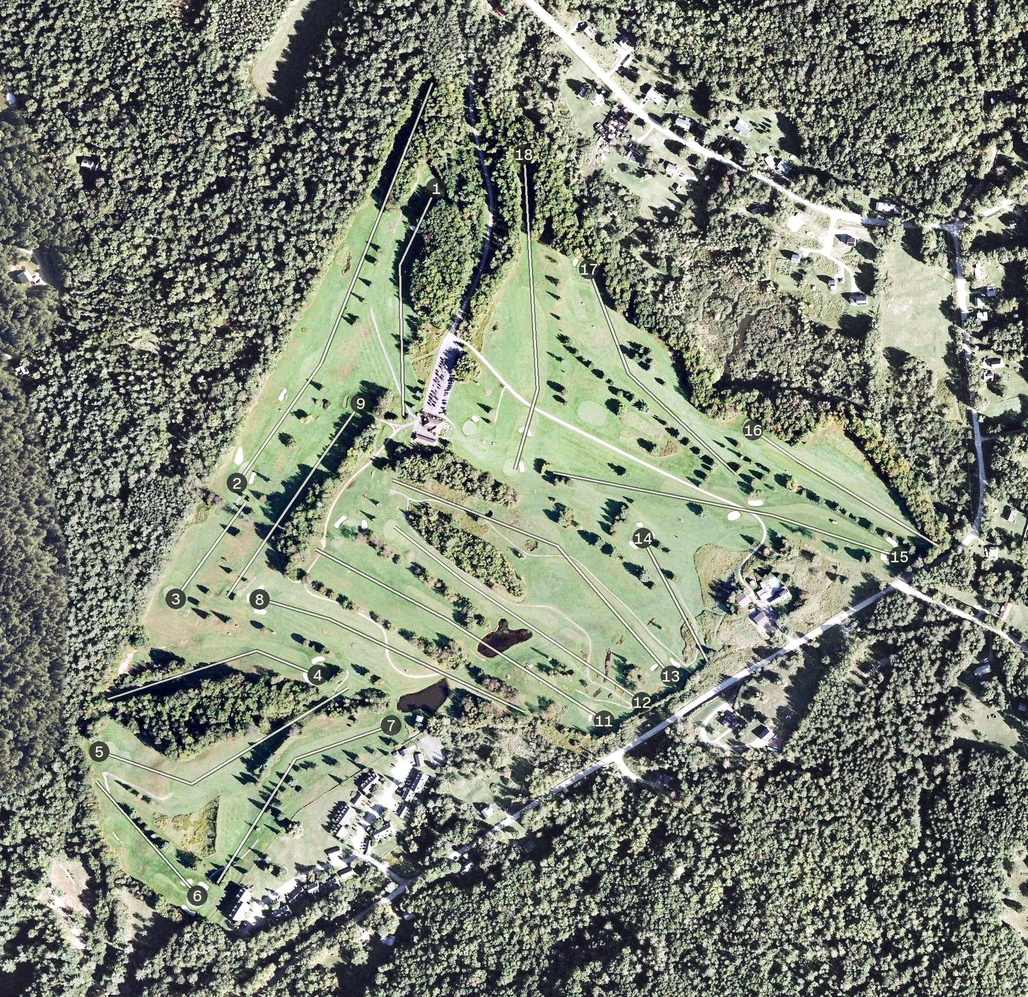 Aerial view of West Bolton Country Club, VT, with its hole routing marked