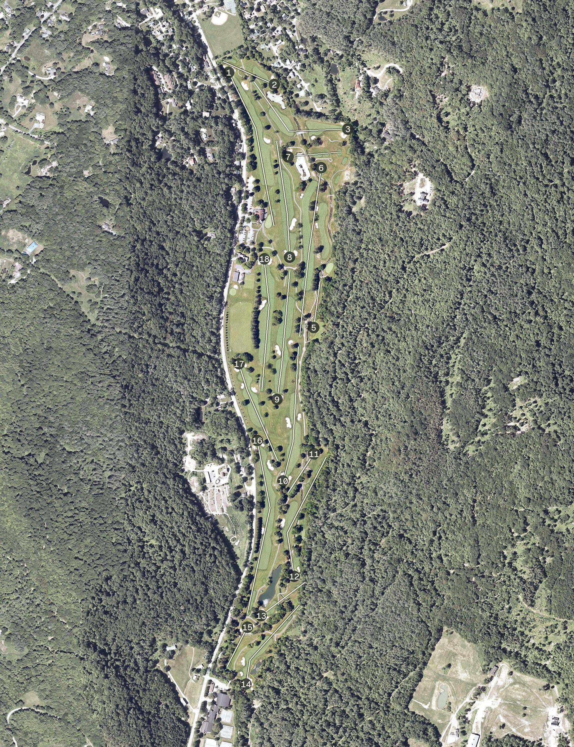 Aerial view of Woodstock Country Club, VT, with its hole routing marked