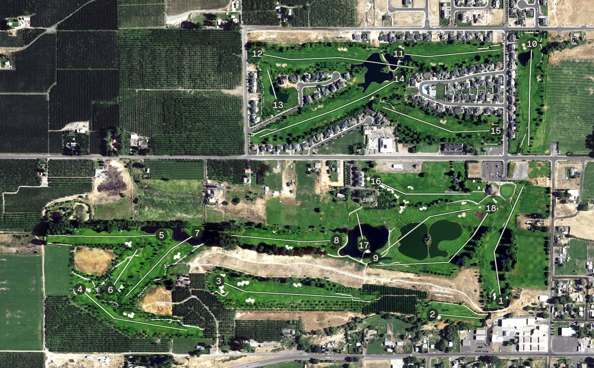 Aerial view of Apple Tree Golf Course & Resort, WA, with its hole routing marked