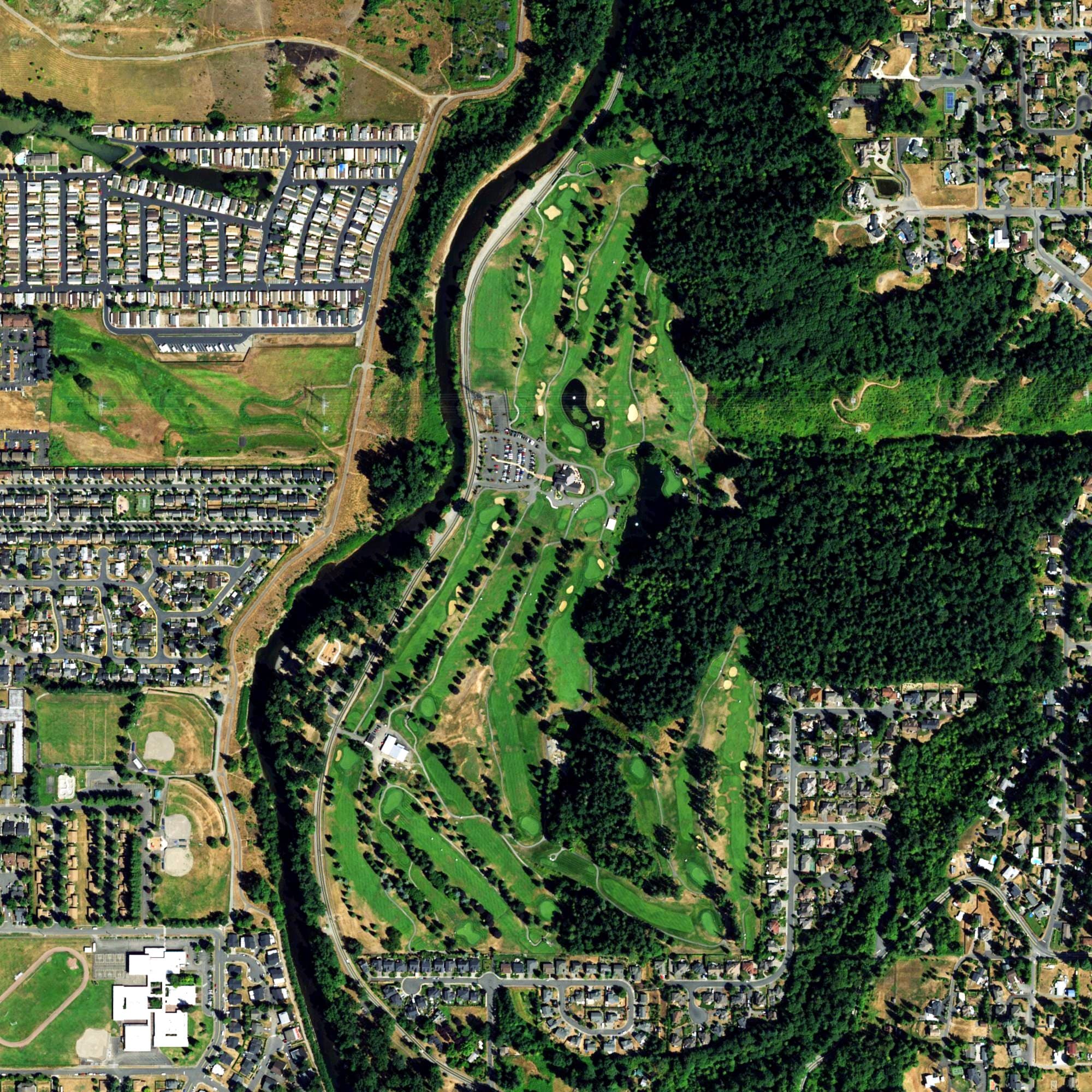 Aerial view of Auburn Golf Course, WA, with its hole routing marked