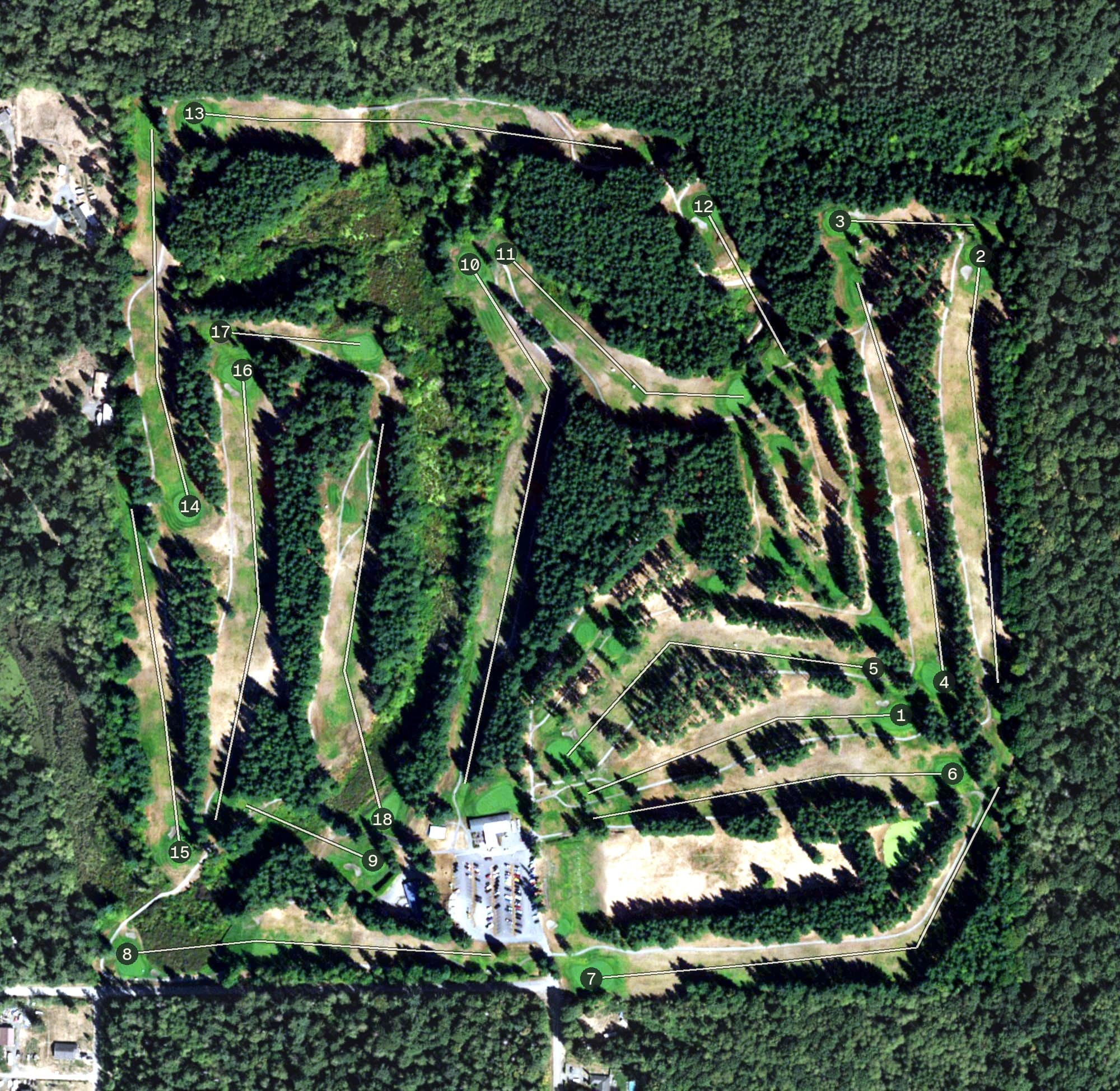 Aerial view of Battle Creek Golf Course, WA, with its hole routing marked