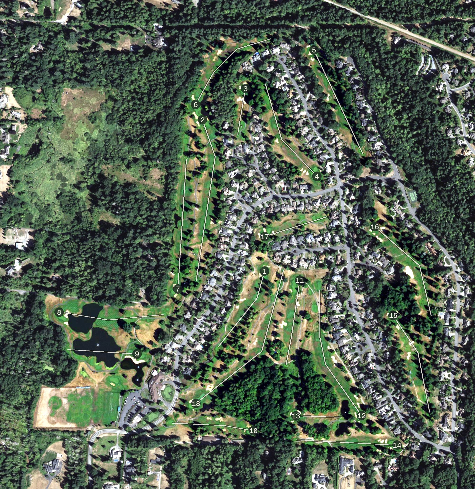 Aerial view of Bear Creek Country Club, WA, with its hole routing marked