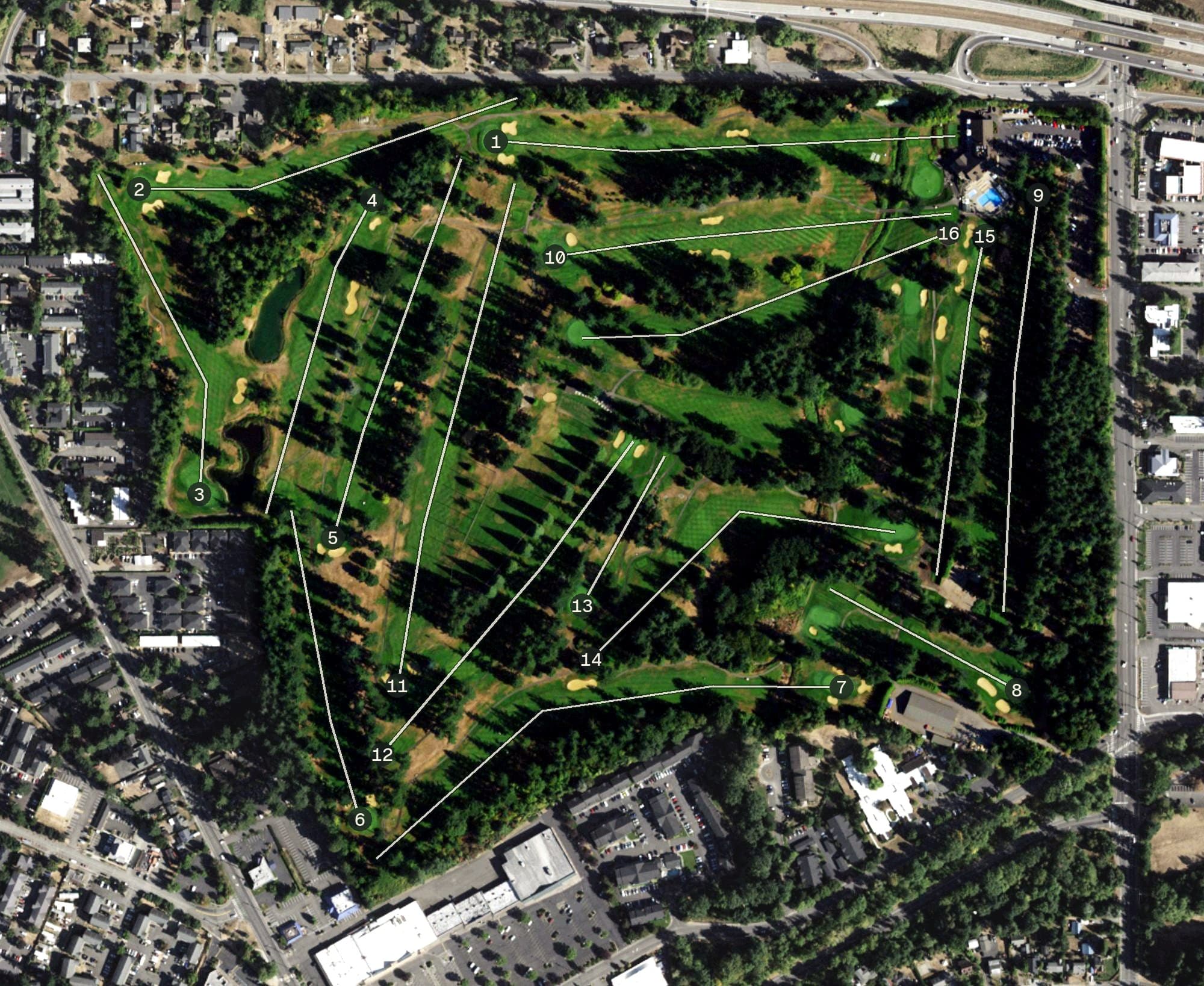 Aerial view of Bellingham Country Club, WA, with its hole routing marked