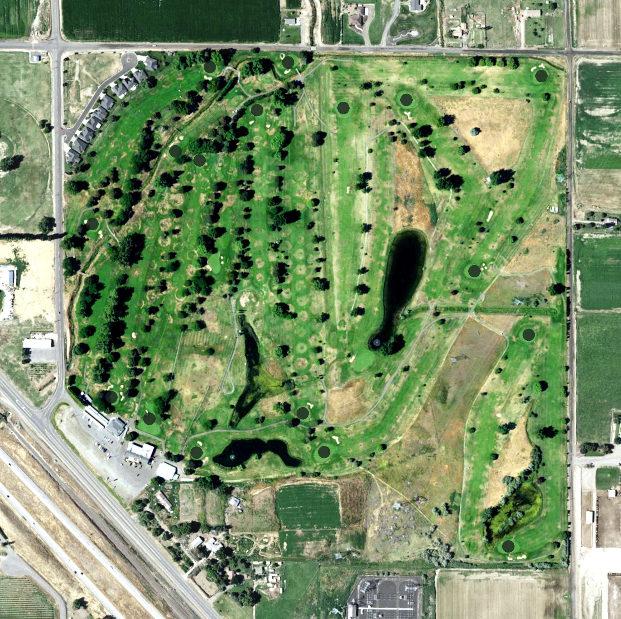 Aerial view of Black Rock Creek Golf Course, WA, with its hole routing marked