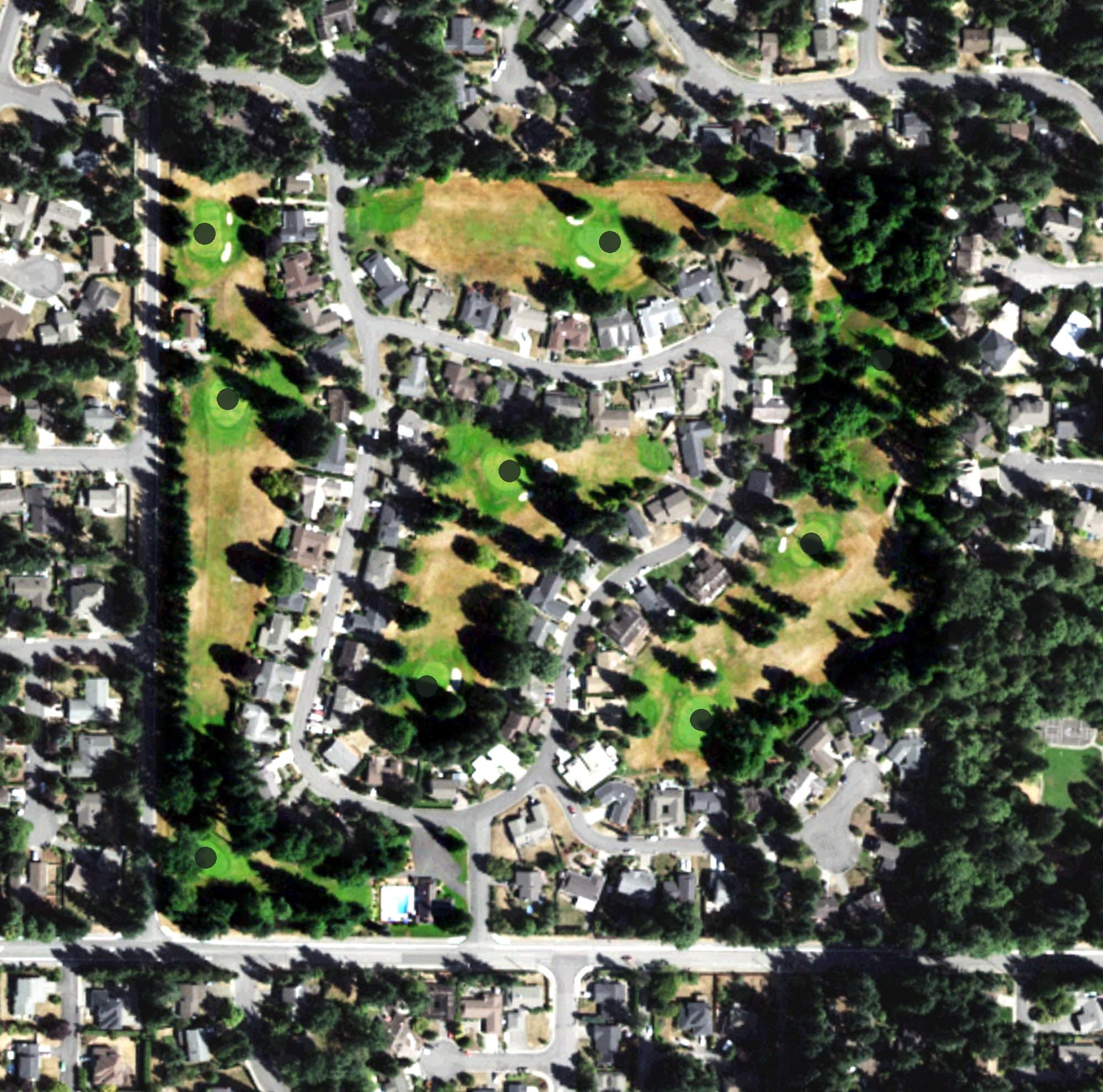Aerial view of Brae Burn Golf Course, WA, with its hole routing marked
