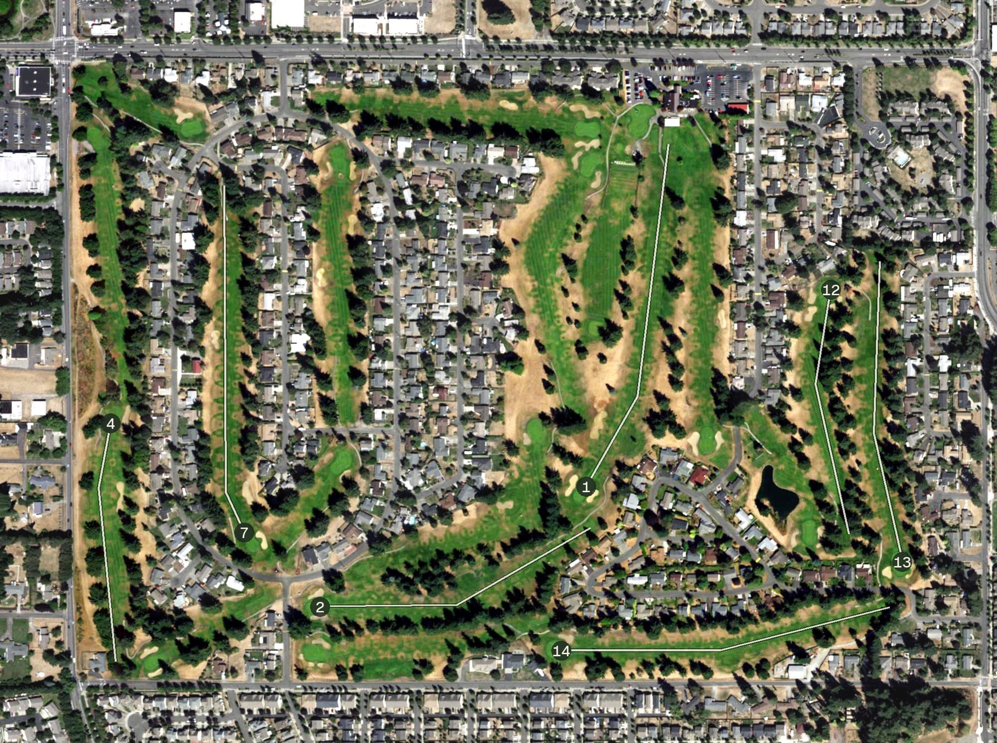 Aerial view of Capital City Golf Club, WA, with its hole routing marked