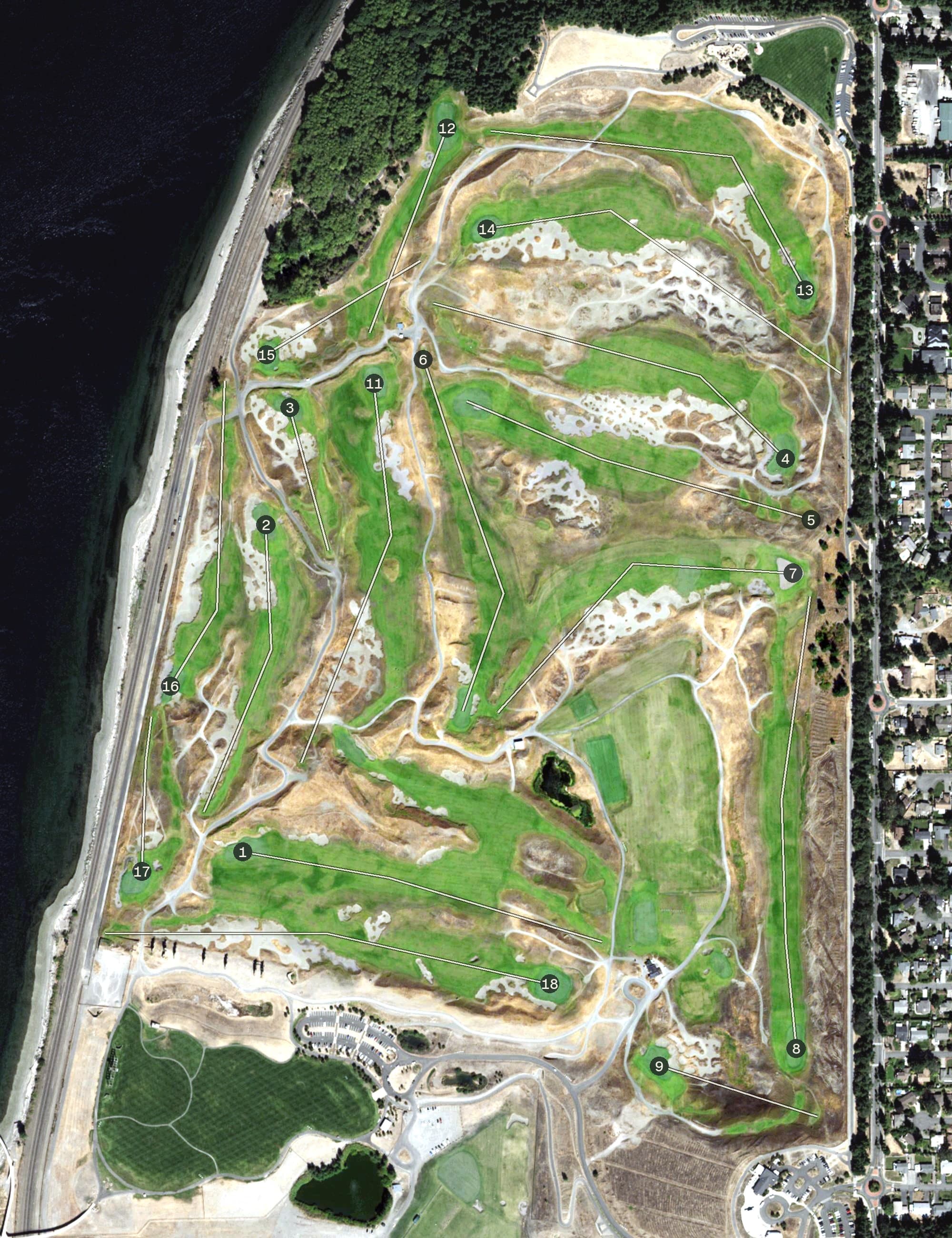 Aerial view of Chambers Bay Golf Course, WA, with its hole routing marked