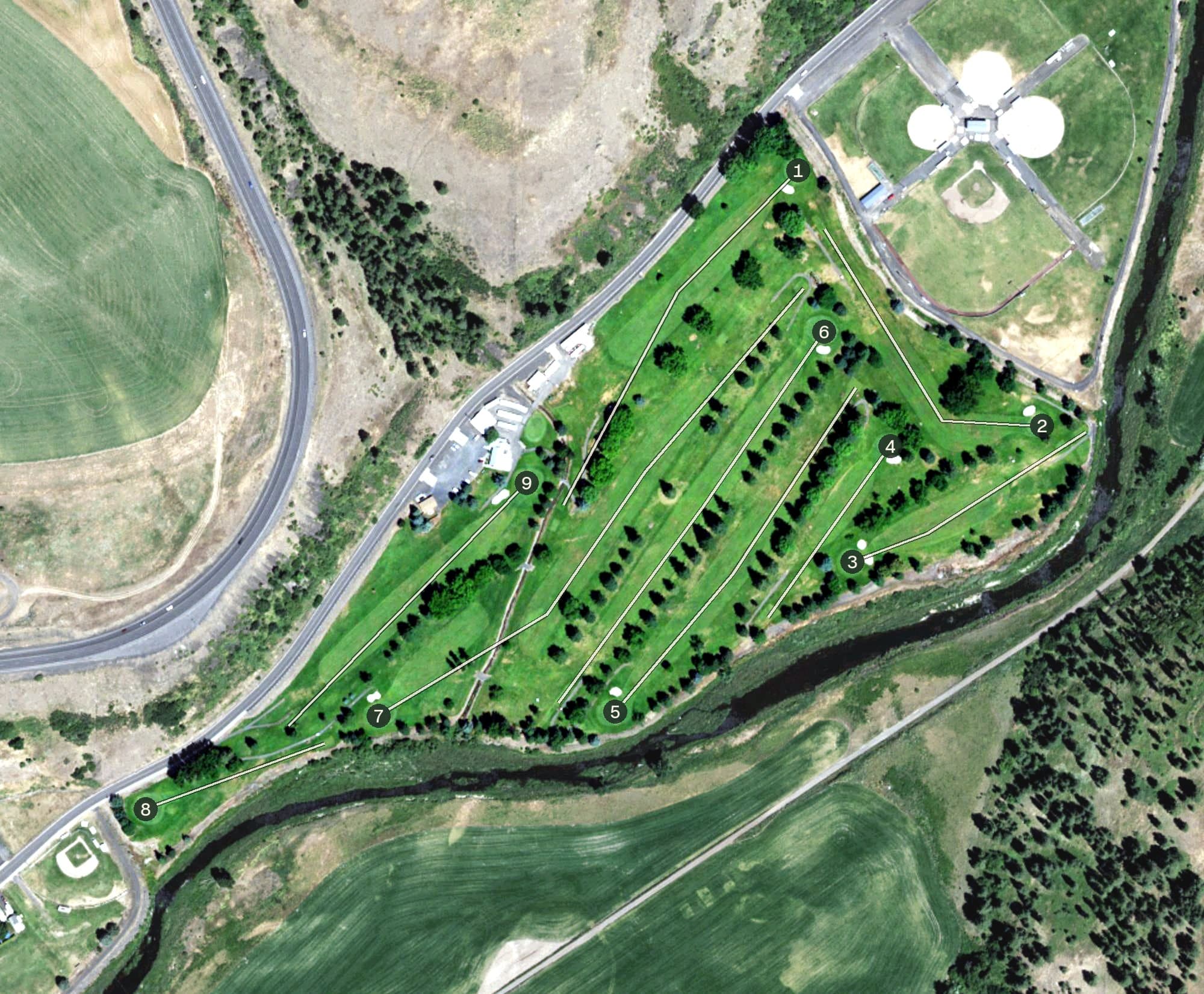 Aerial view of Colfax Golf and Country Club, WA, with its hole routing marked
