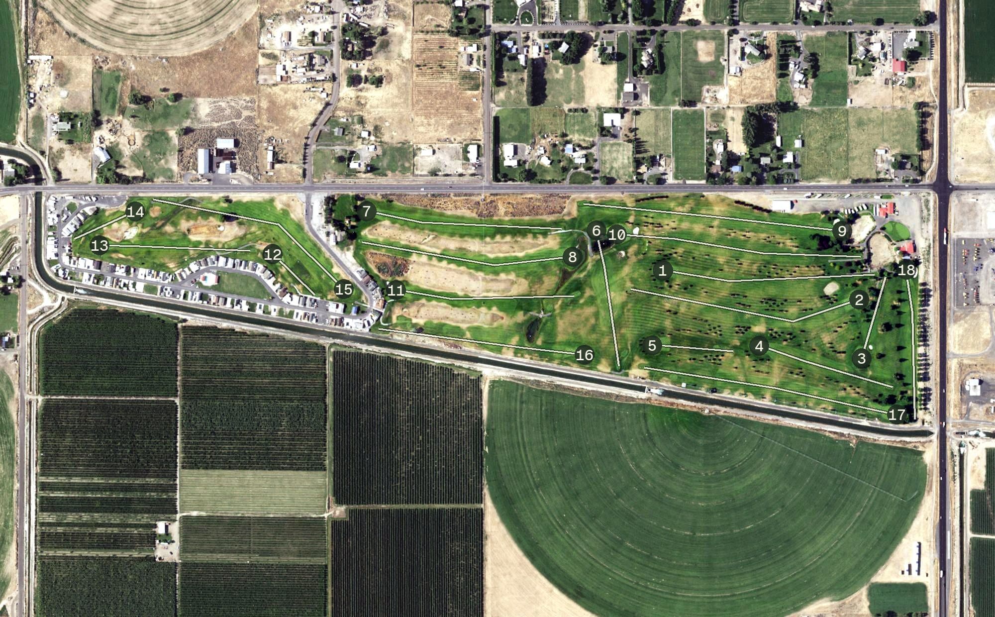 Aerial view of Colockum Ridge Golf Course, WA, with its hole routing marked