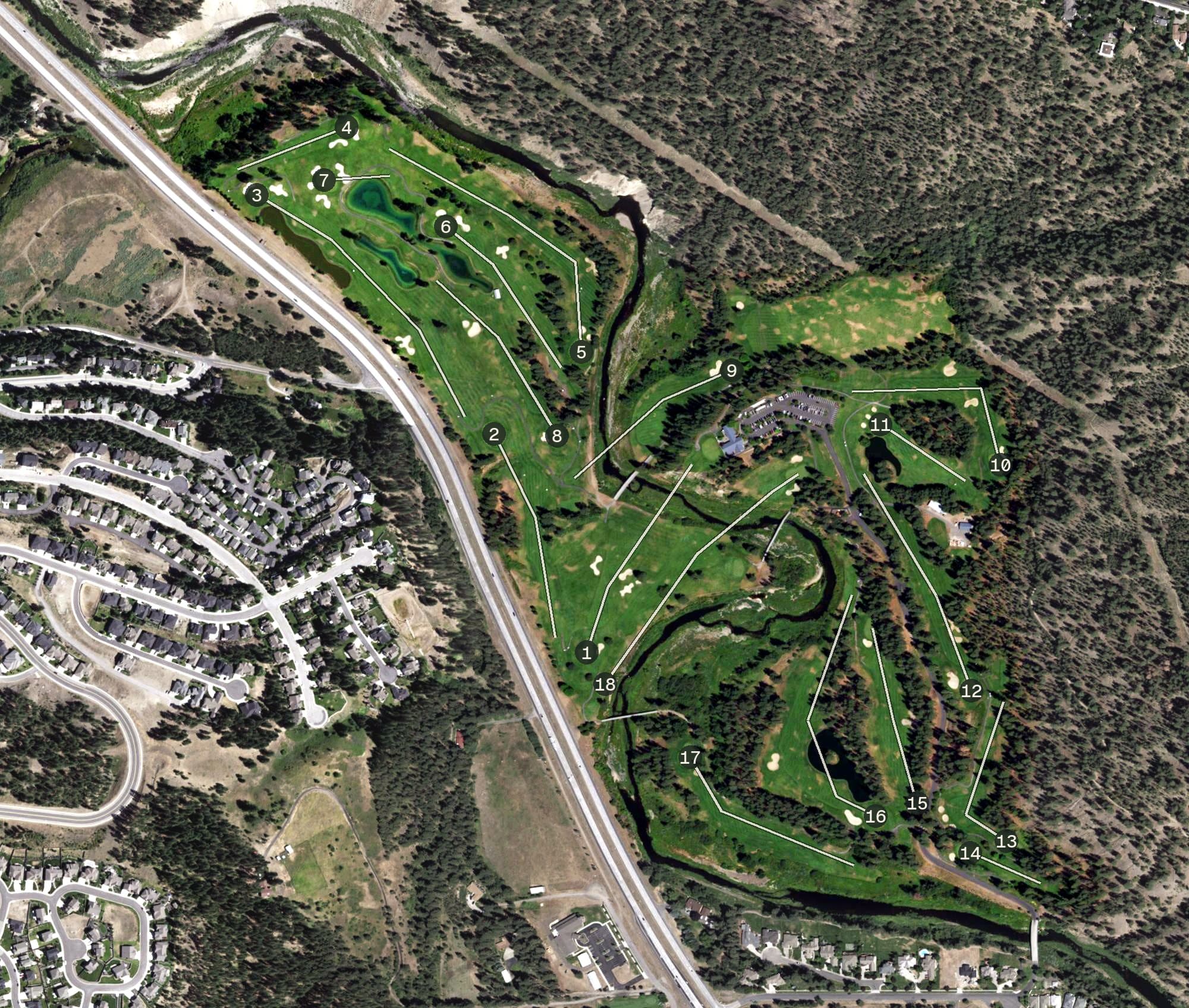 Aerial view of Creek at Qualchan Golf Course, WA, with its hole routing marked