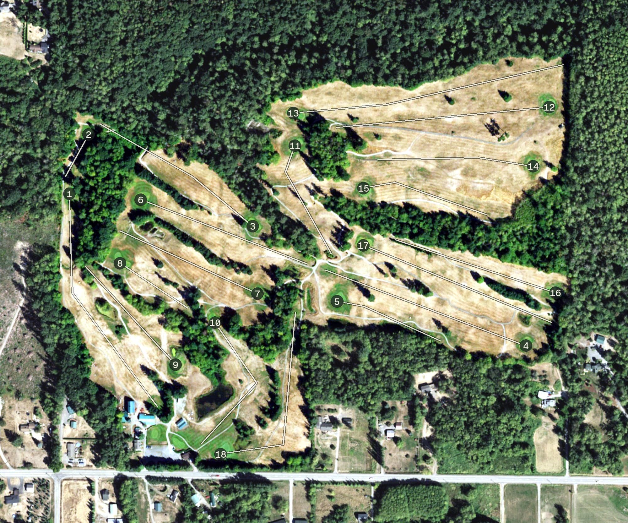 Aerial view of Dakota Creek Golf & Country Club, WA, with its hole routing marked