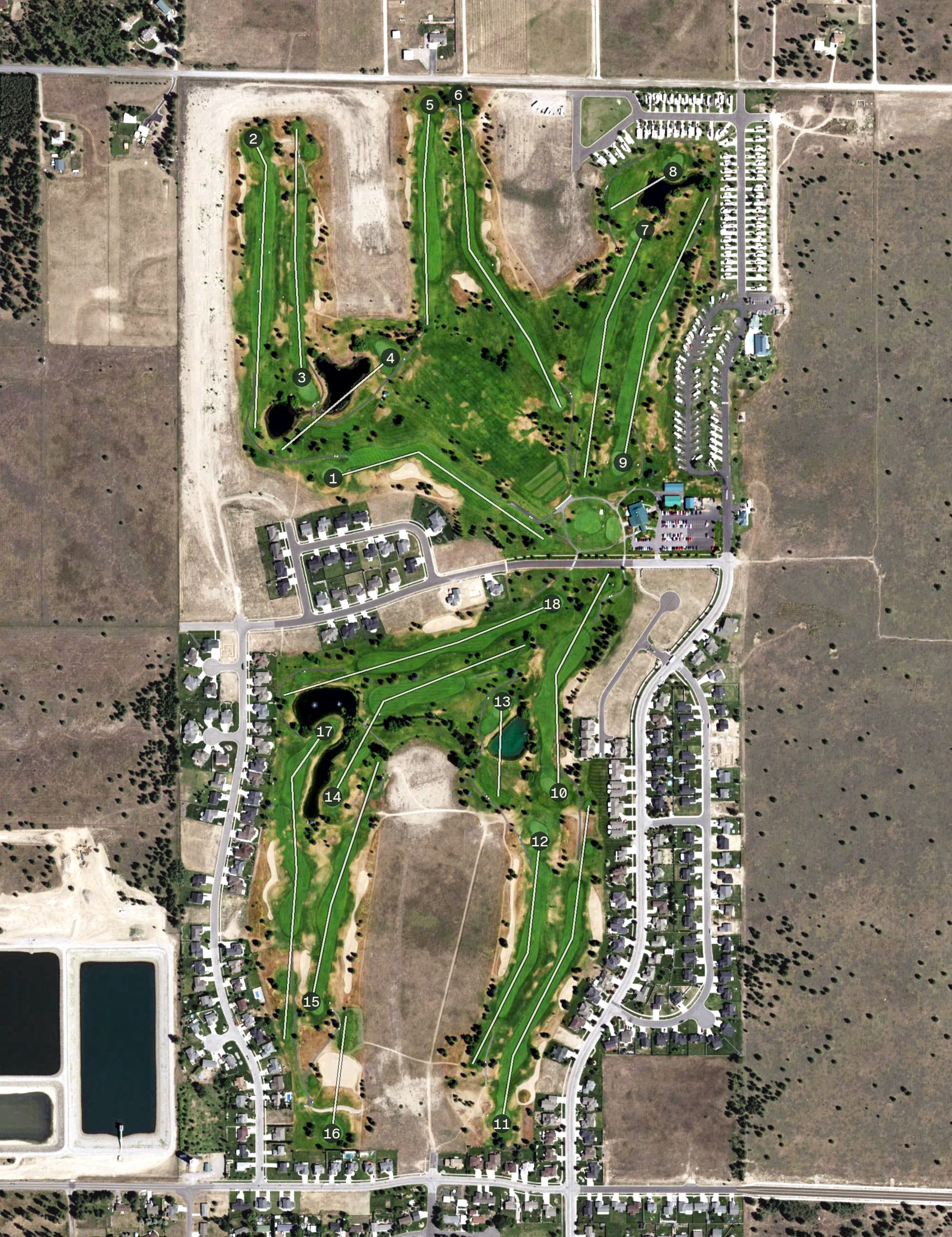 Aerial view of Deer Park Golf Club, WA, with its hole routing marked