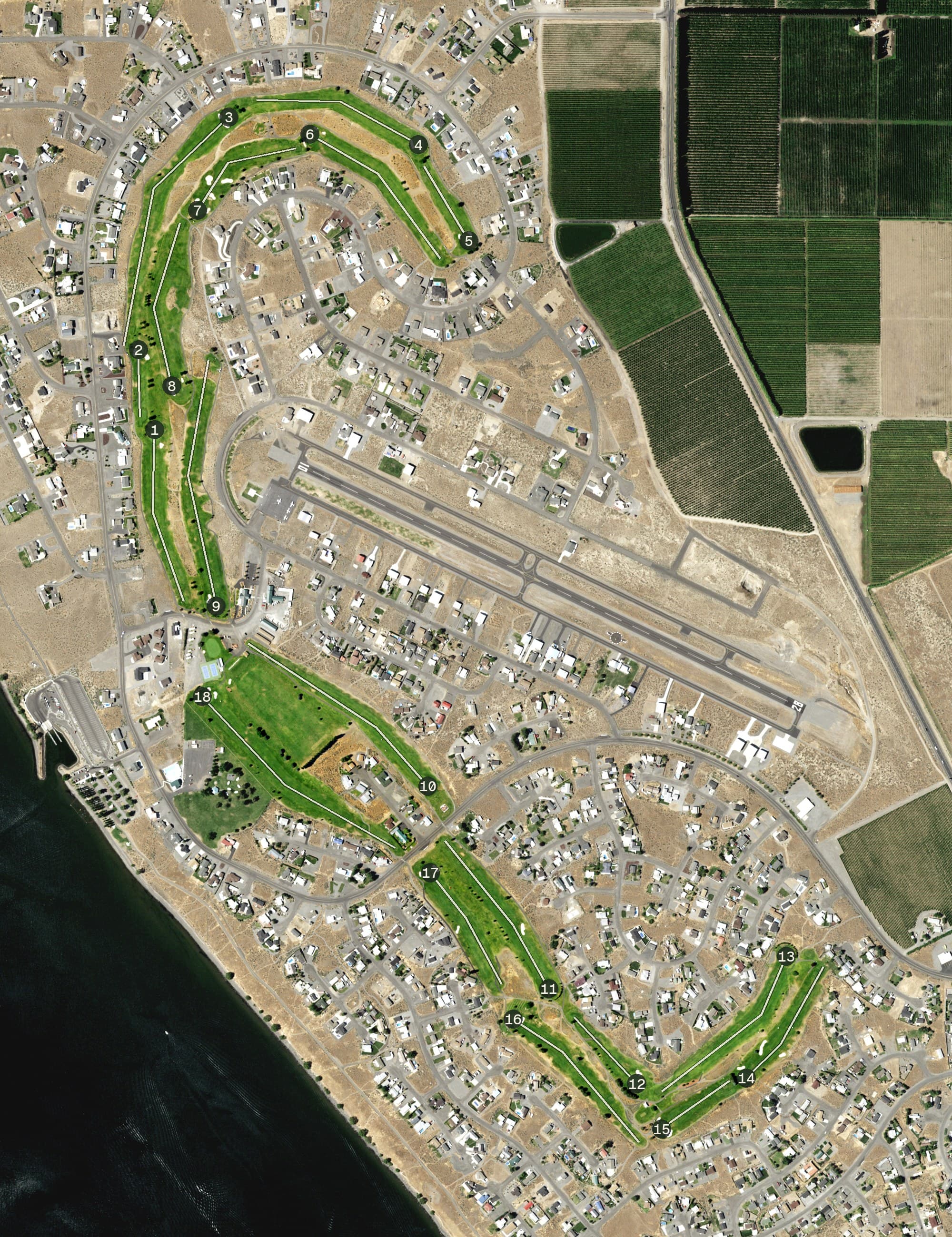 Aerial view of Desert Aire Golf Club, WA, with its hole routing marked