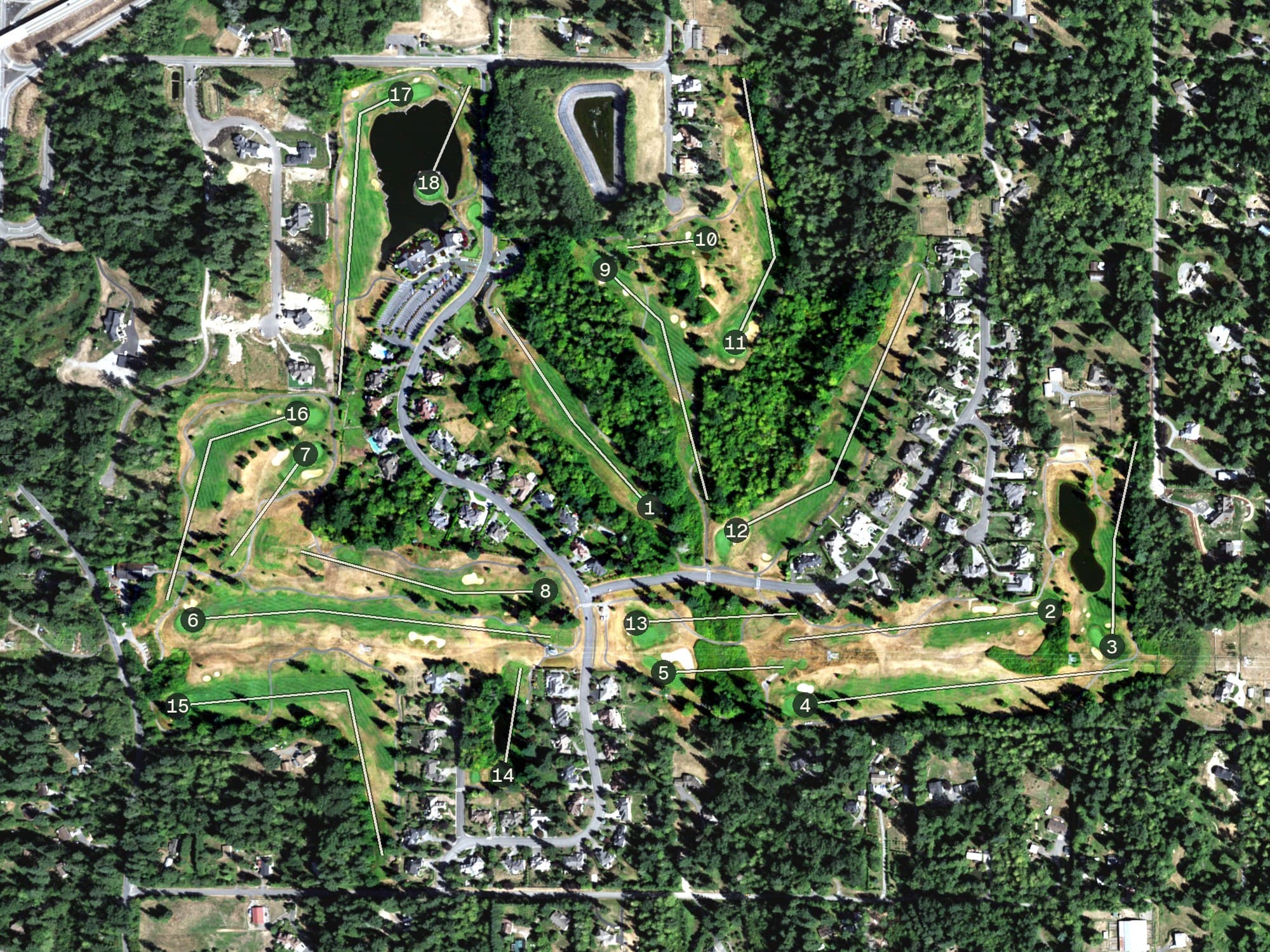 Aerial view of Echo Falls Golf Club, WA, with its hole routing marked