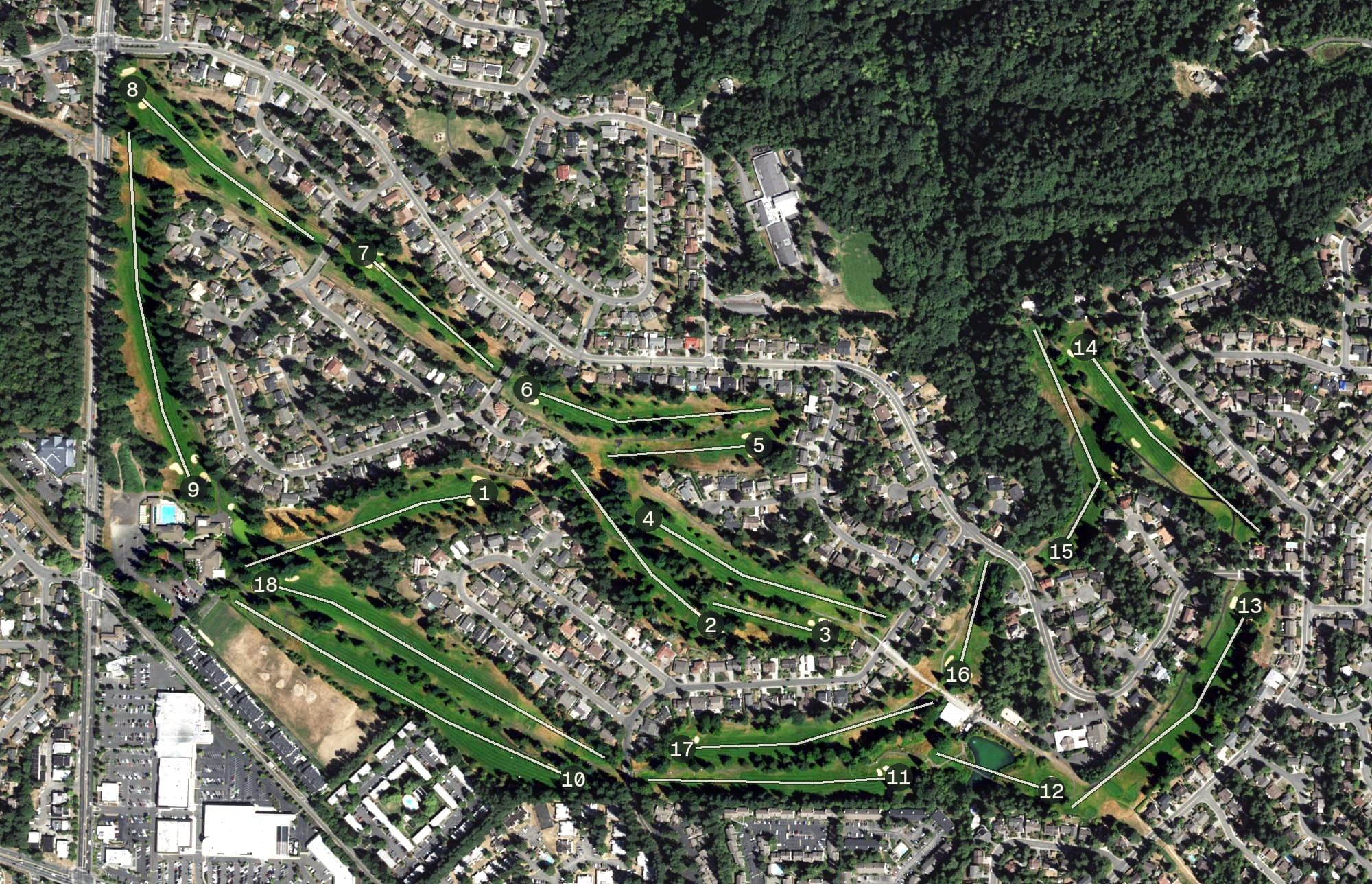 Aerial view of Fairwood Golf & Country Club, WA, with its hole routing marked
