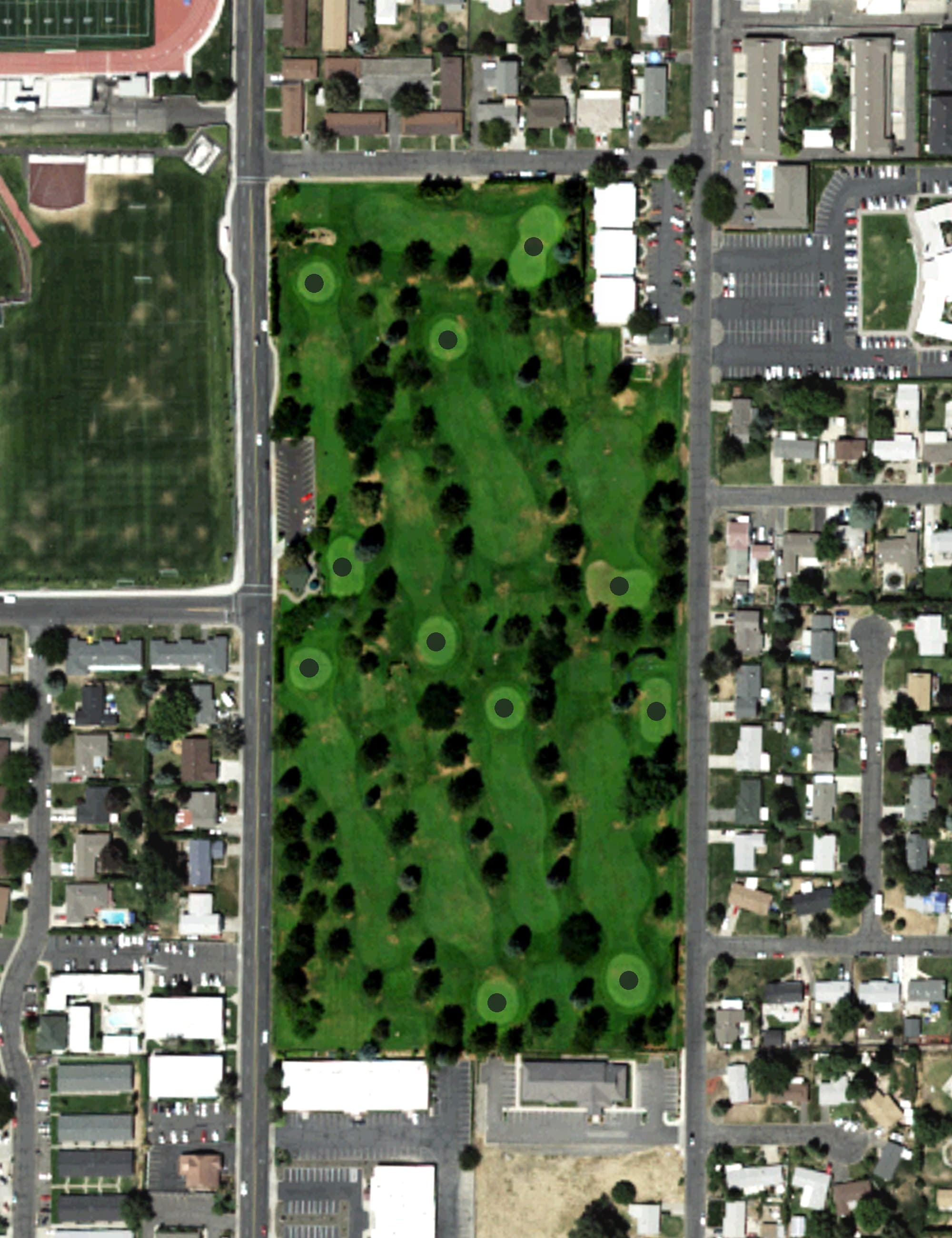 Aerial view of Fisher Park Golf Course, WA, with its hole routing marked