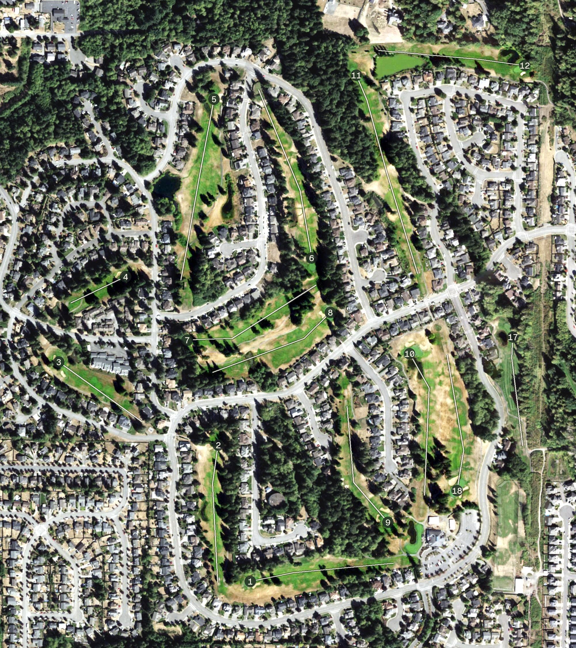 Aerial view of Gleneagle Golf Course, WA, with its hole routing marked