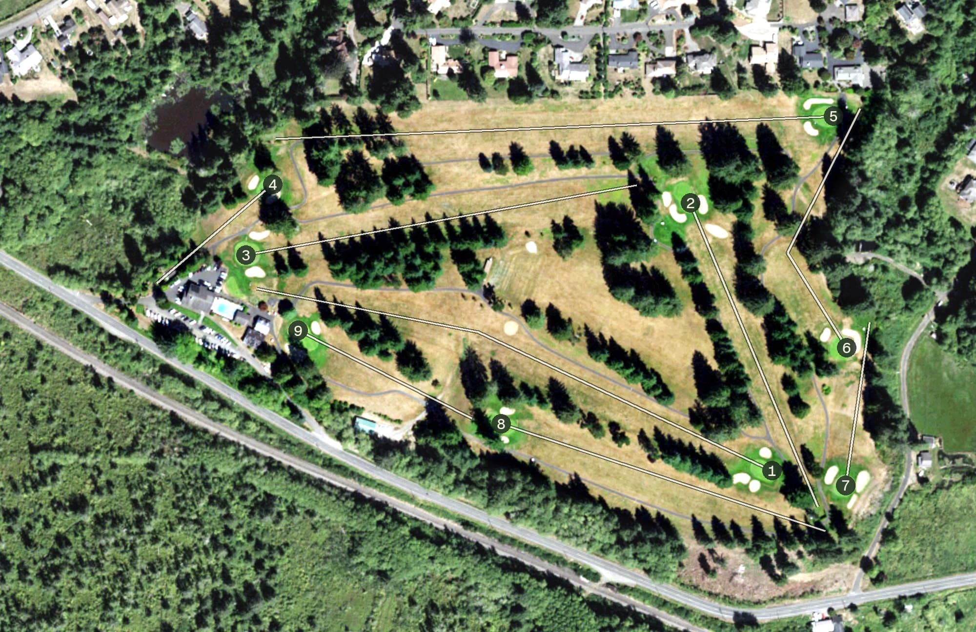 Aerial view of Grays Harbor Country Club, WA, with its hole routing marked
