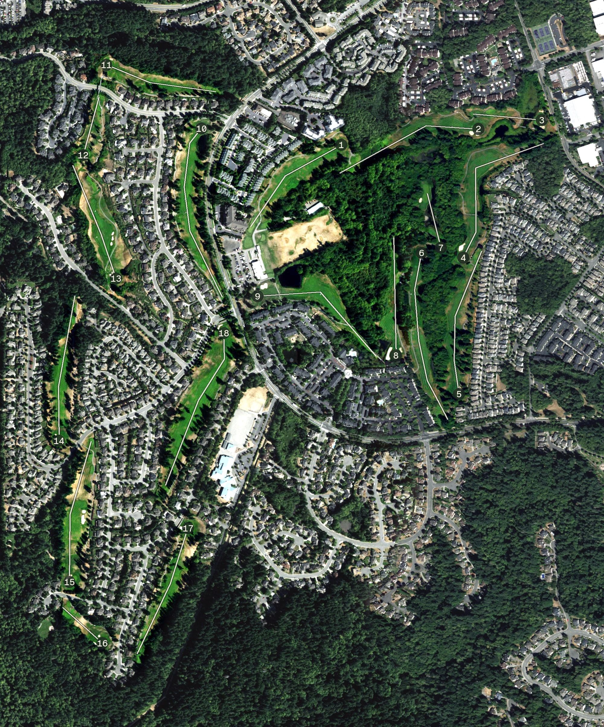 Aerial view of Harbour Pointe Golf Club, WA, with its hole routing marked