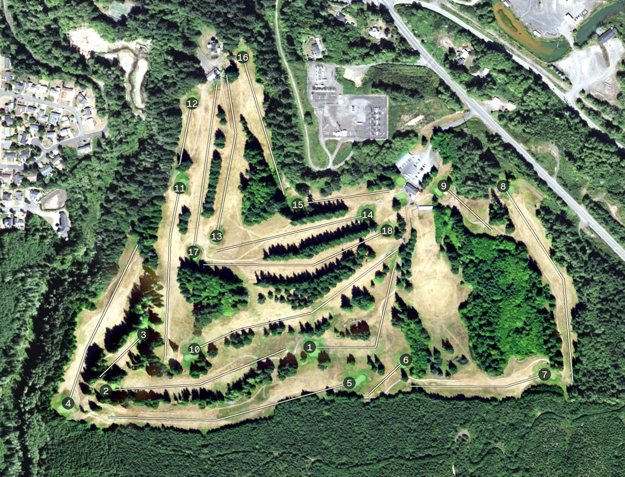 Aerial view of Highland Golf Course, WA, with its hole routing marked