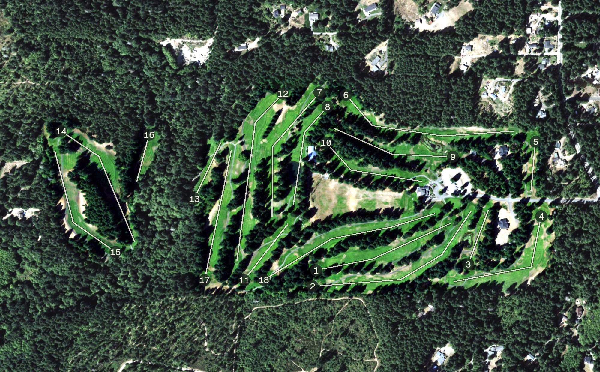 Aerial view of Horseshoe Lake Golf Course, WA, with its hole routing marked