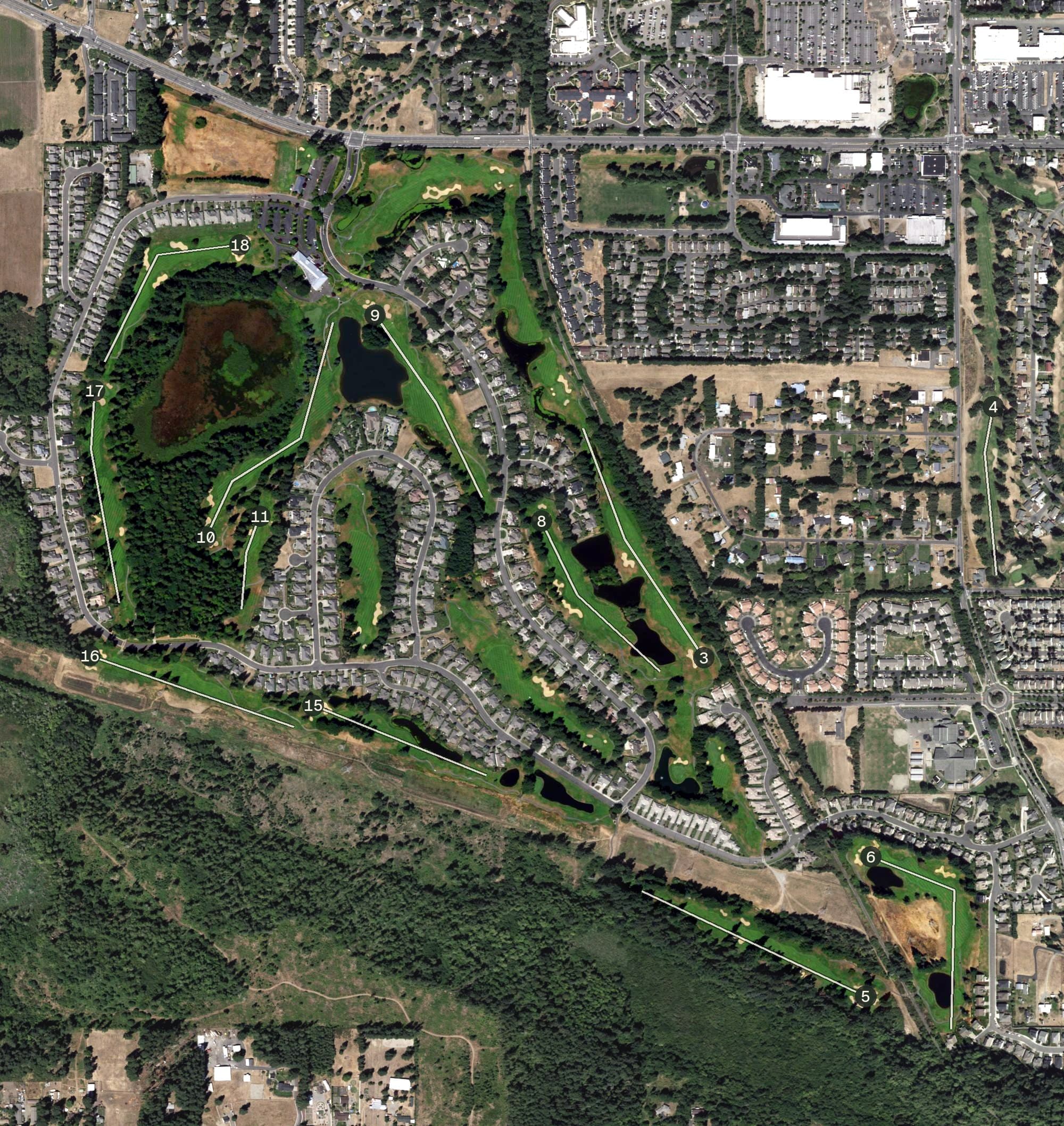 Aerial view of Indian Summer Golf Course, WA, with its hole routing marked