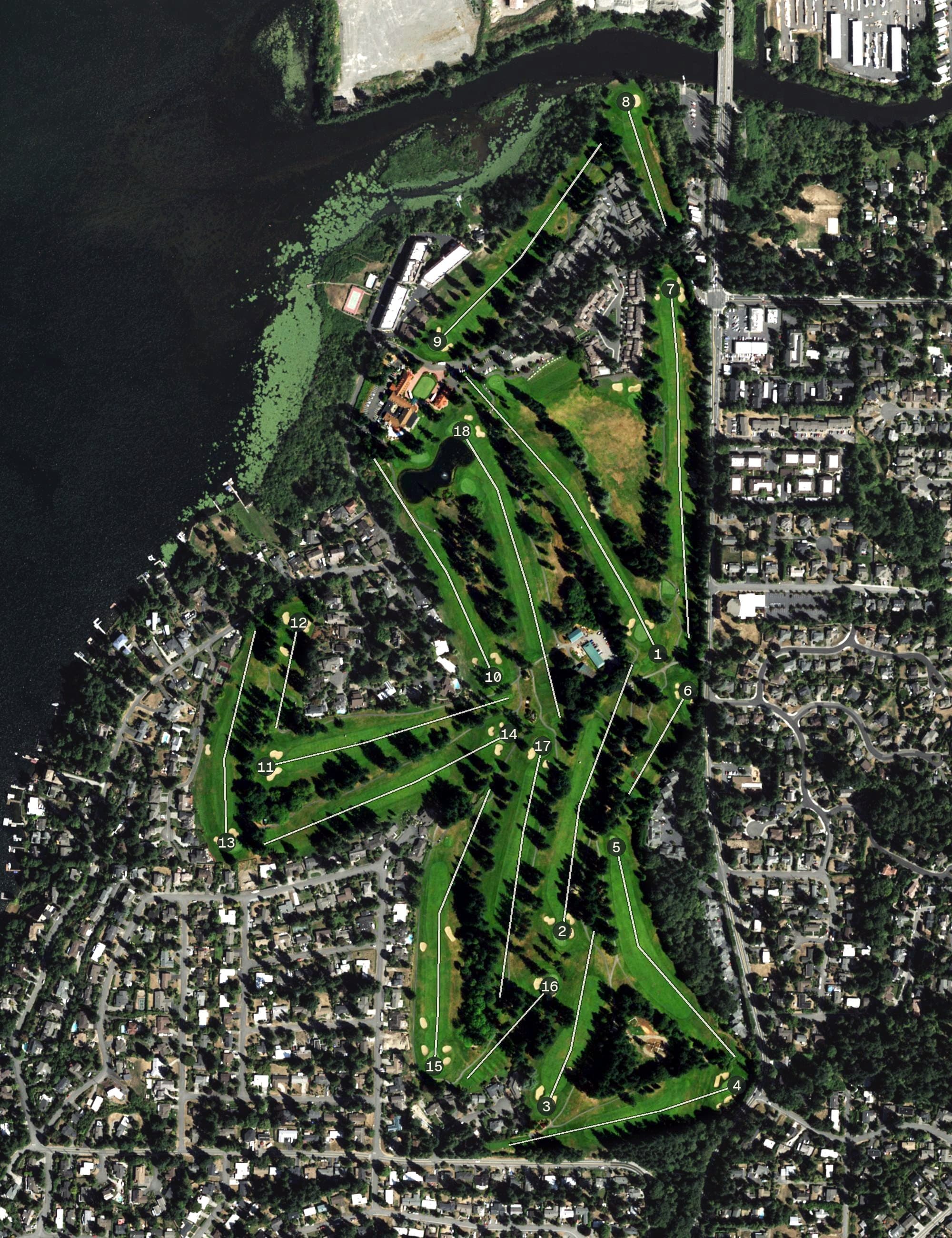 Aerial view of Inglewood Golf Club, WA, with its hole routing marked