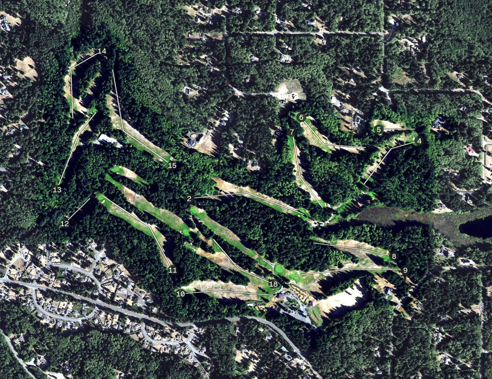 Aerial view of Kayak Point Golf Course, WA, with its hole routing marked