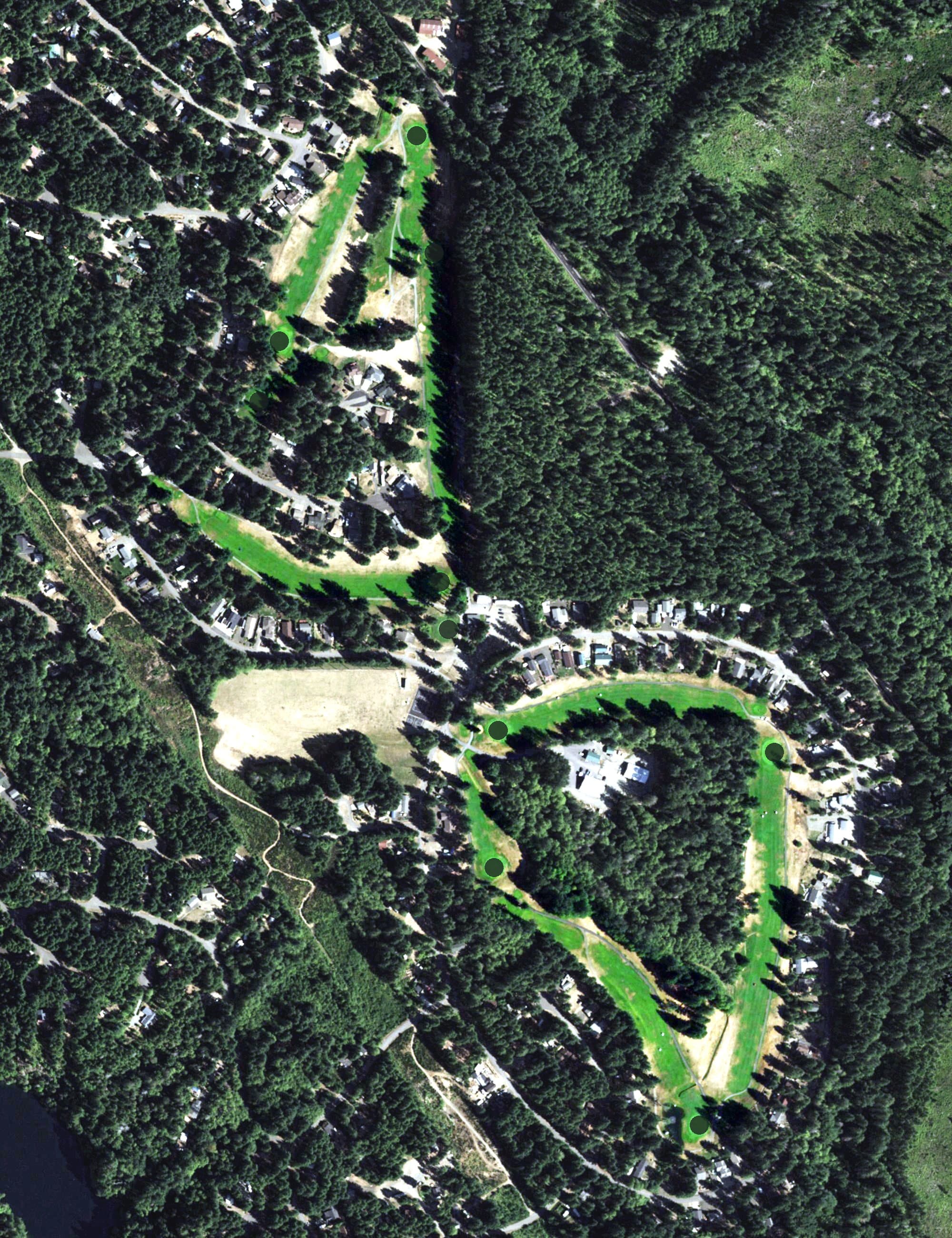 Aerial view of Lake Cushman Golf Course, WA, with its hole routing marked