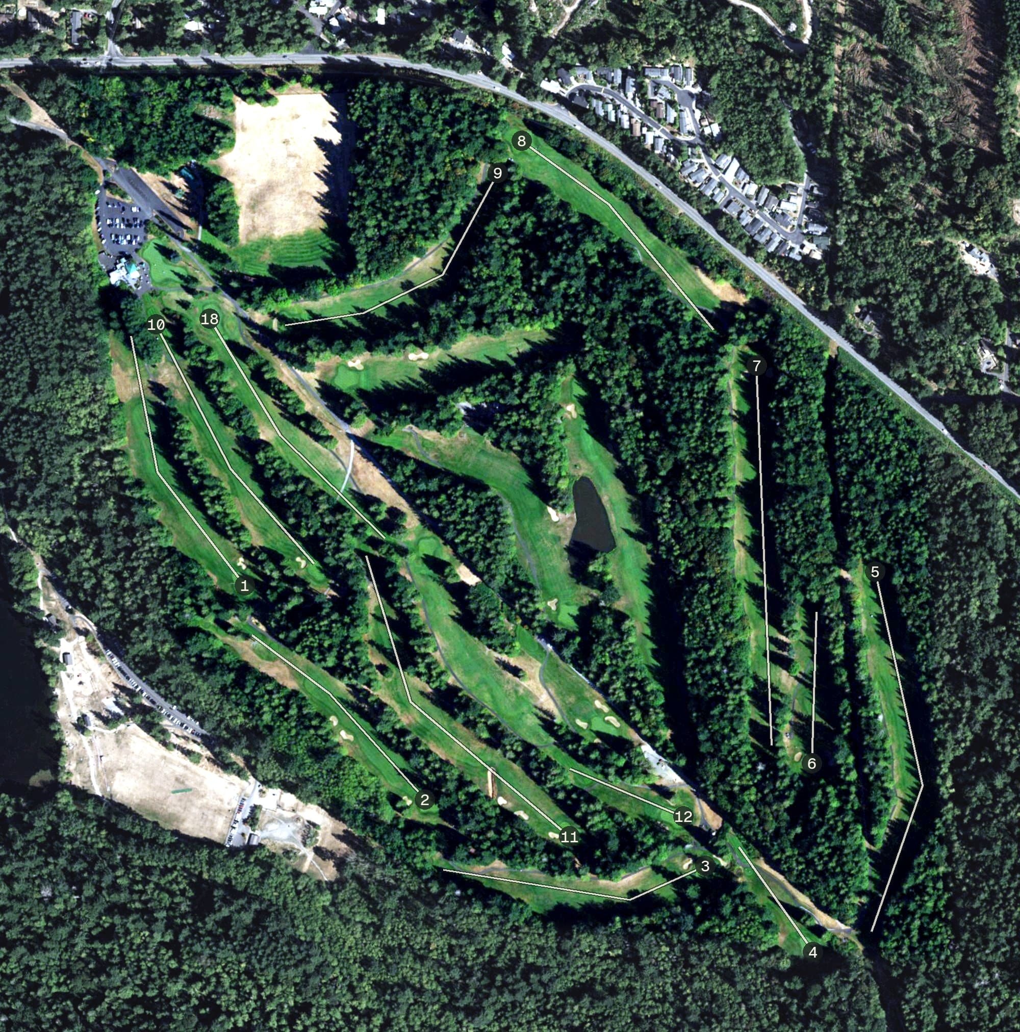 Aerial view of Lake Padden Golf Course, WA, with its hole routing marked
