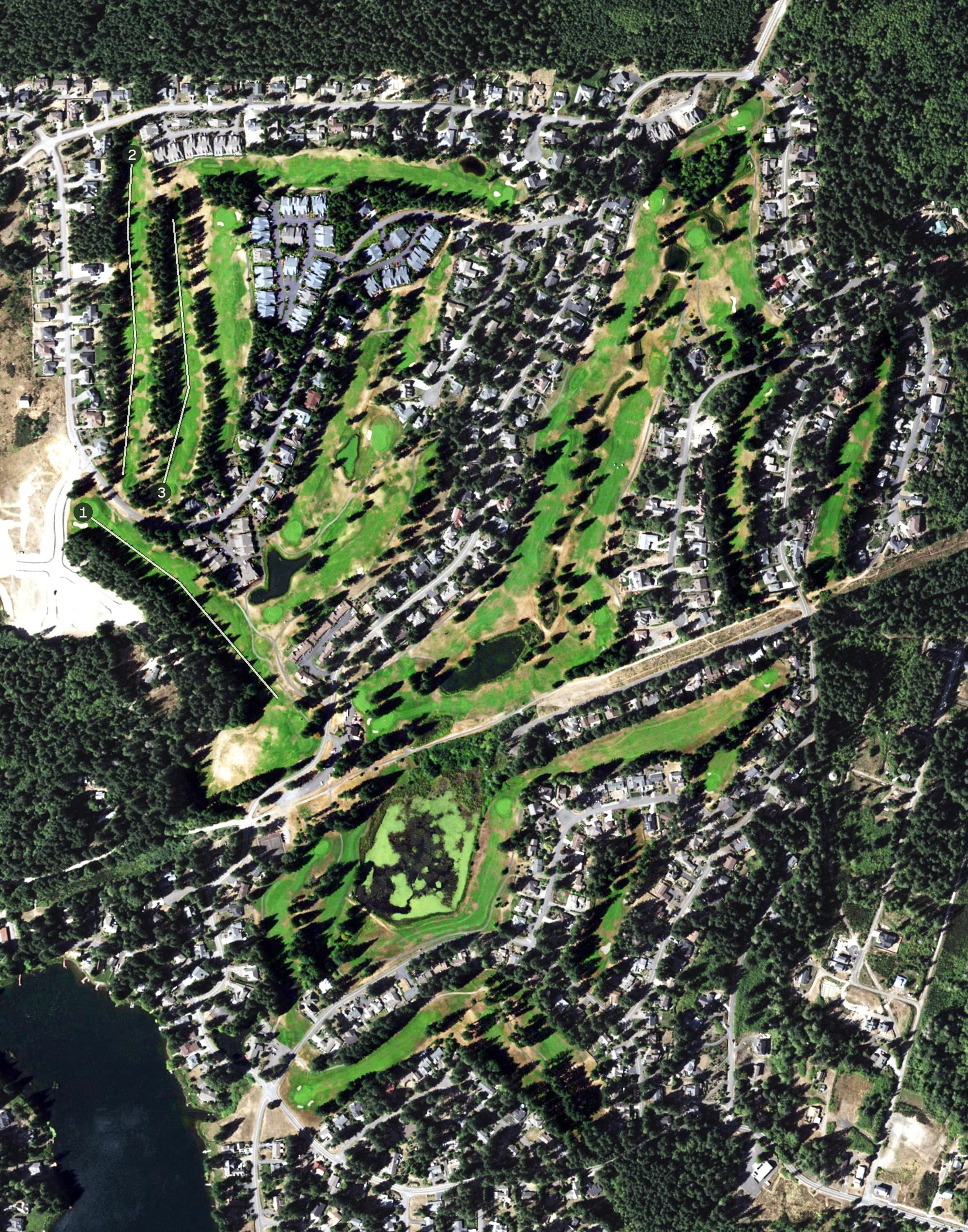 Aerial view of LakeLand Village Golf Course, WA, with its hole routing marked