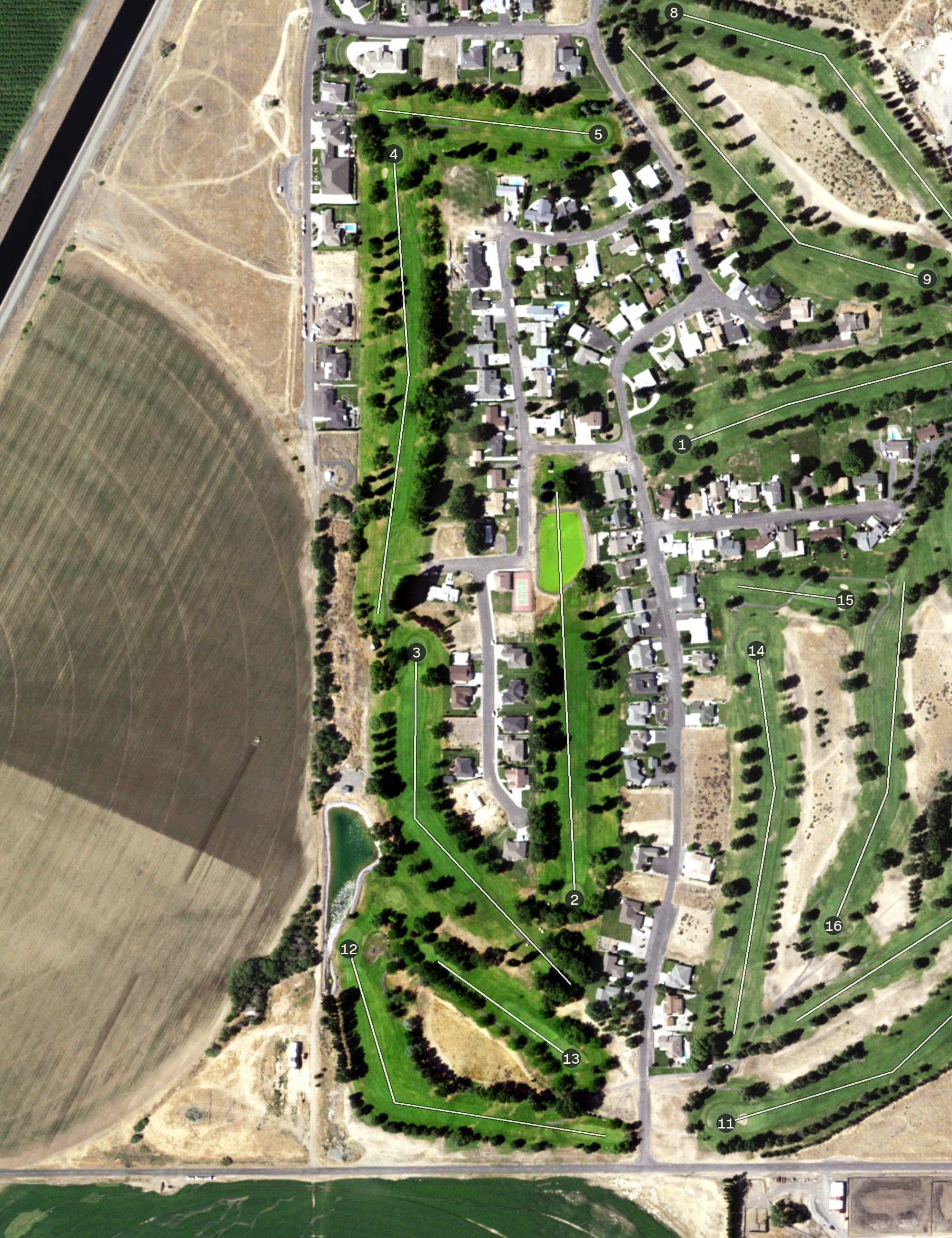 Aerial view of Lakeview Golf & Country Club, WA, with its hole routing marked