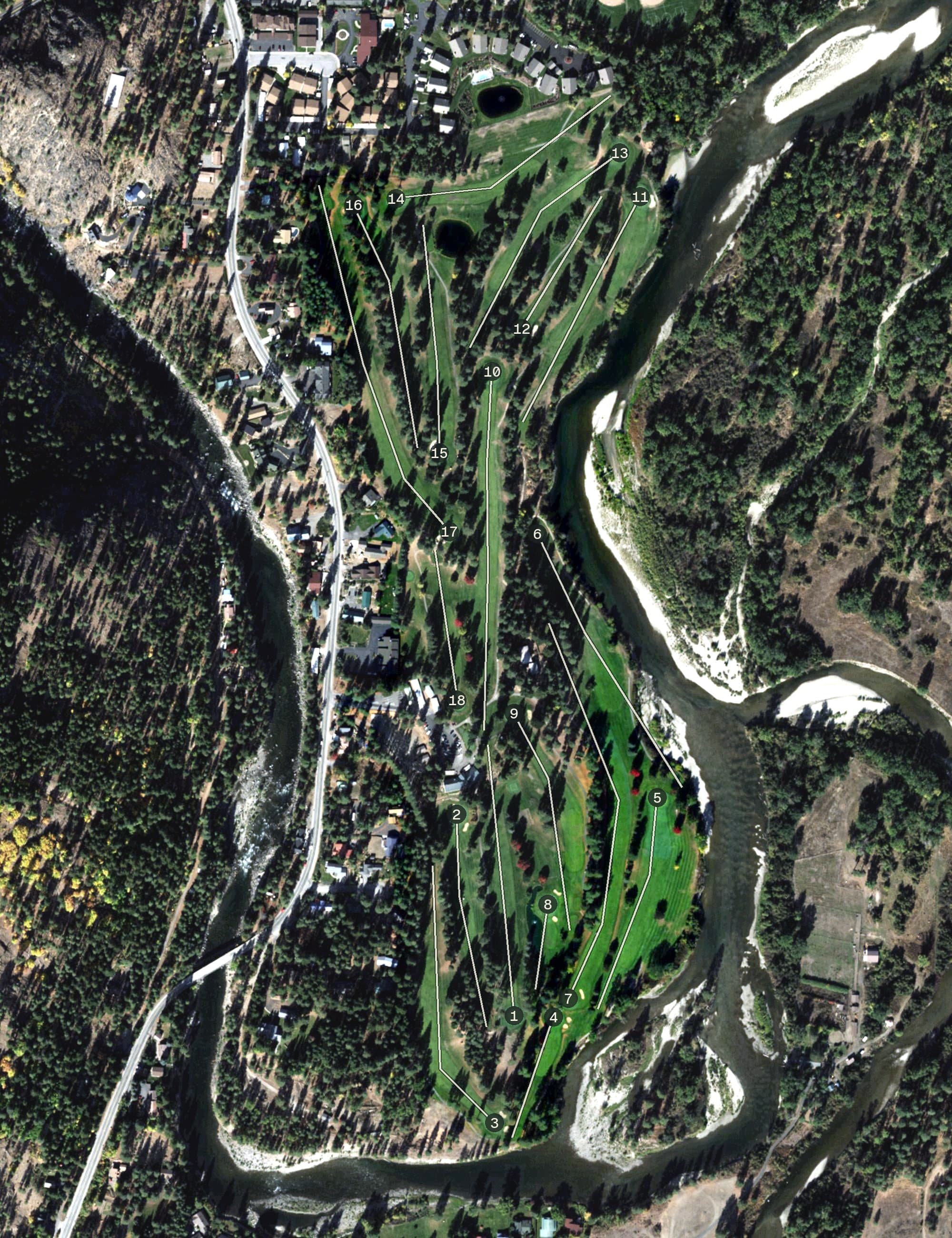 Aerial view of Leavenworth Golf Course, WA, with its hole routing marked