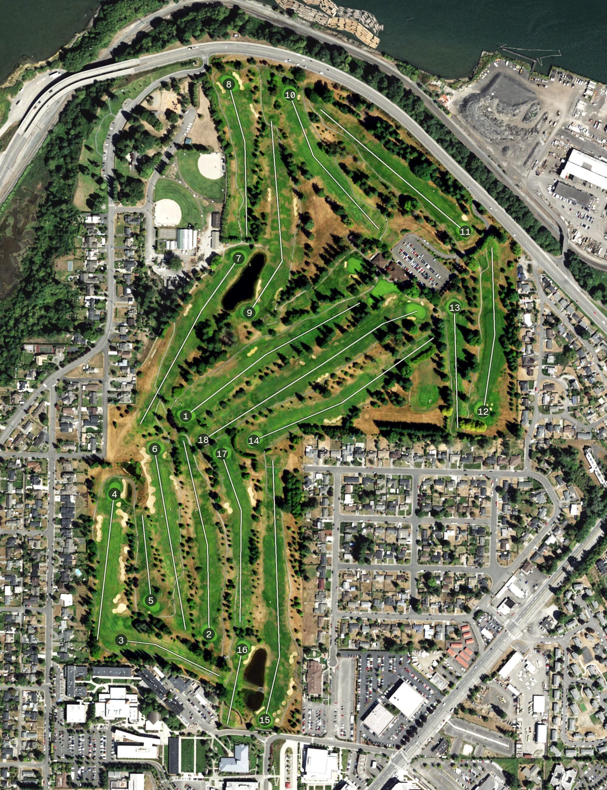 Aerial view of Legion Memorial Golf Course, WA, with its hole routing marked