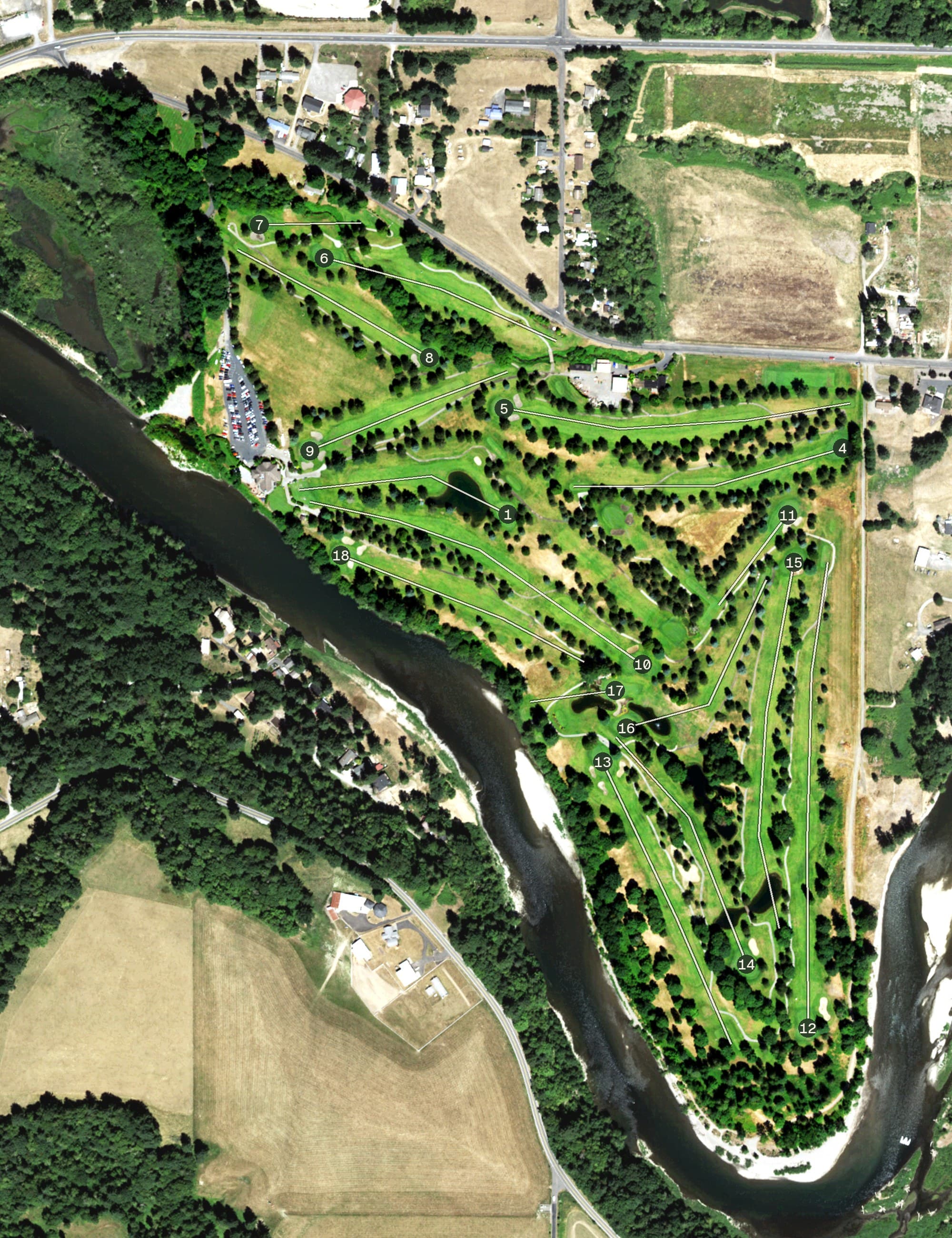Aerial view of Lewis River Golf Course, WA, with its hole routing marked