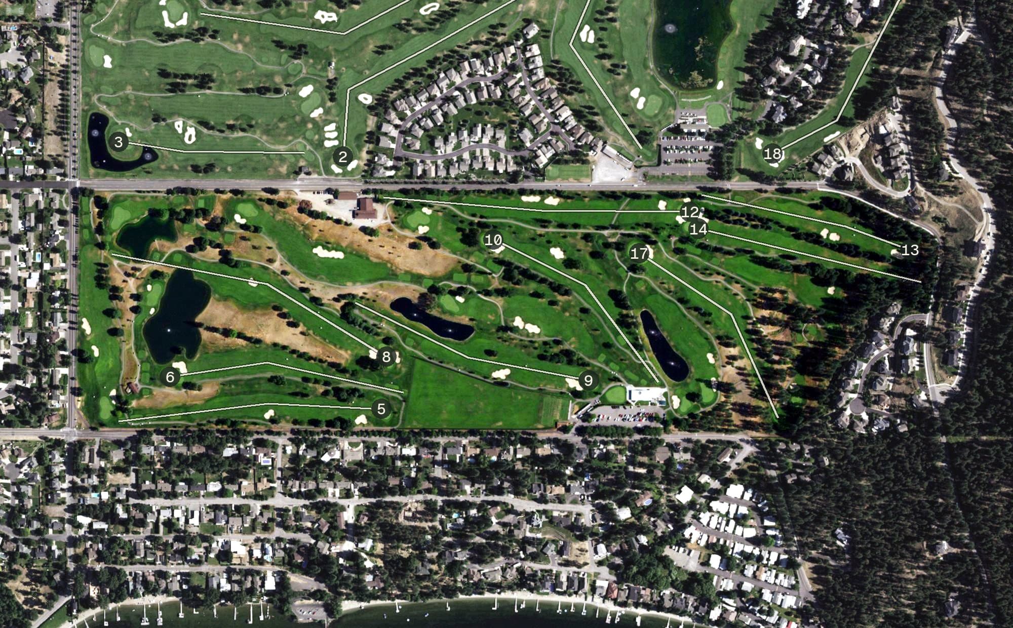 Aerial view of Liberty Lake Golf Course, WA, with its hole routing marked