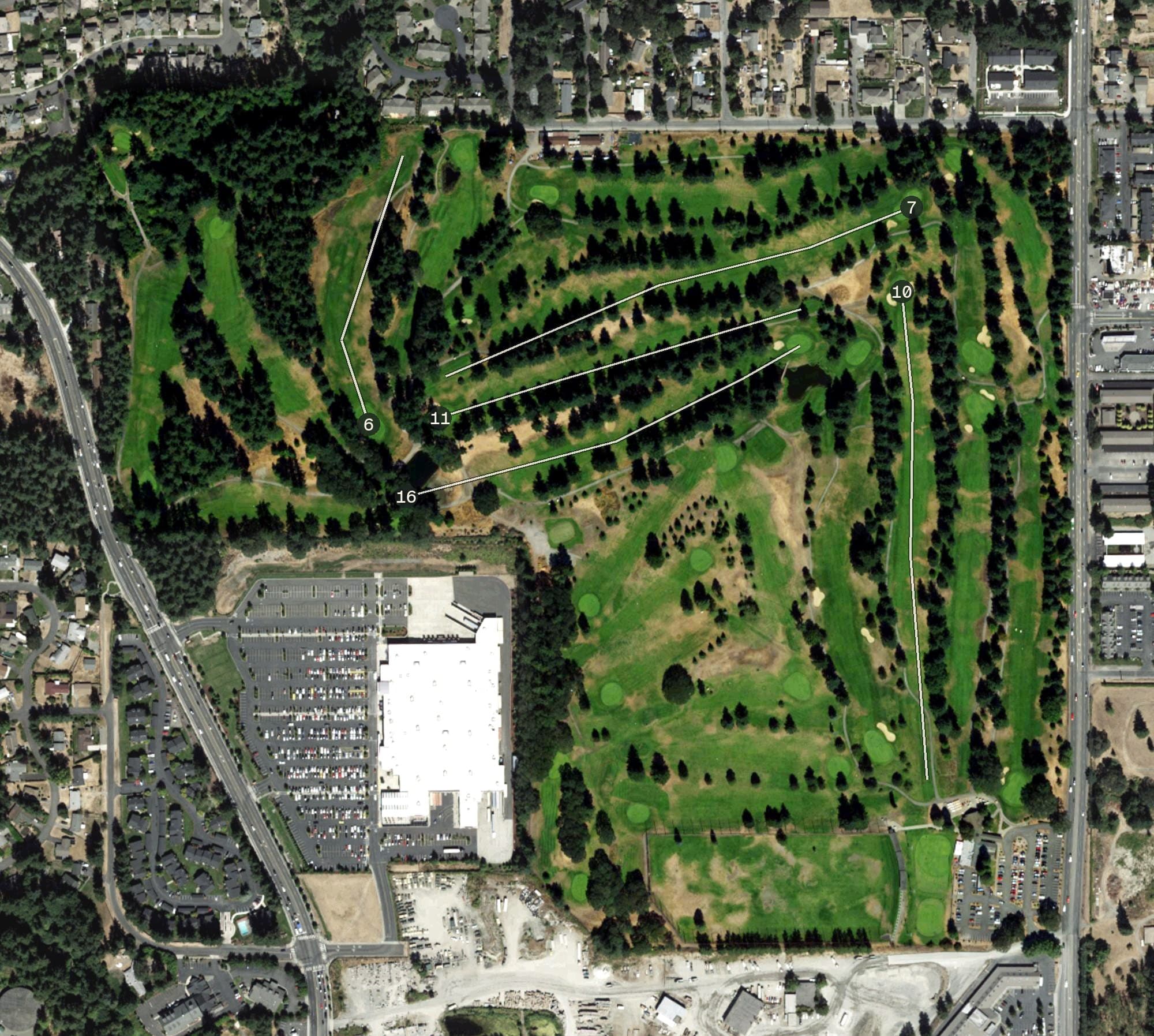 Aerial view of Meadow Park Golf Course, WA, with its hole routing marked
